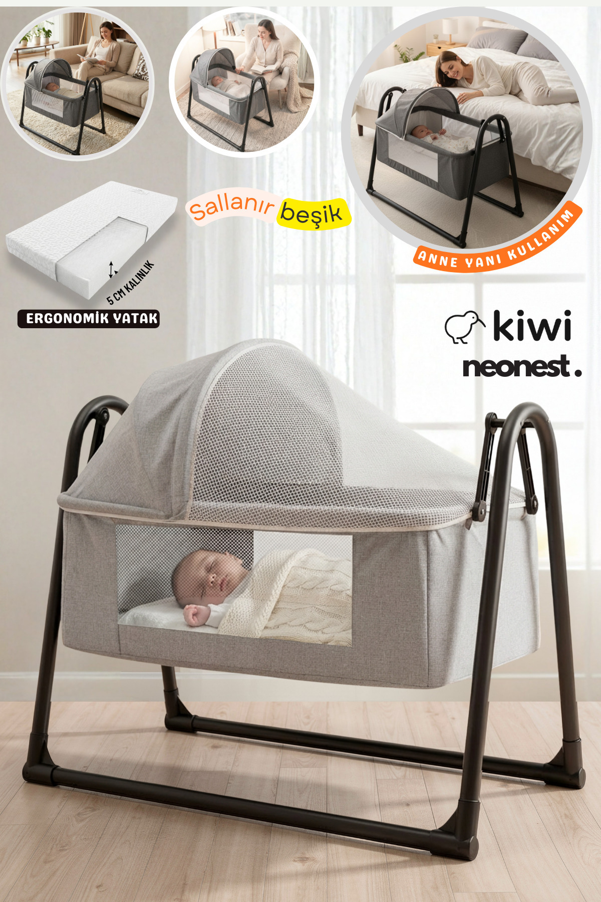 Neonest Lit à côté de la mère avec matelas épais, moustiquaire et tente, qui se balance. Berceau panier portable neuf Vison
