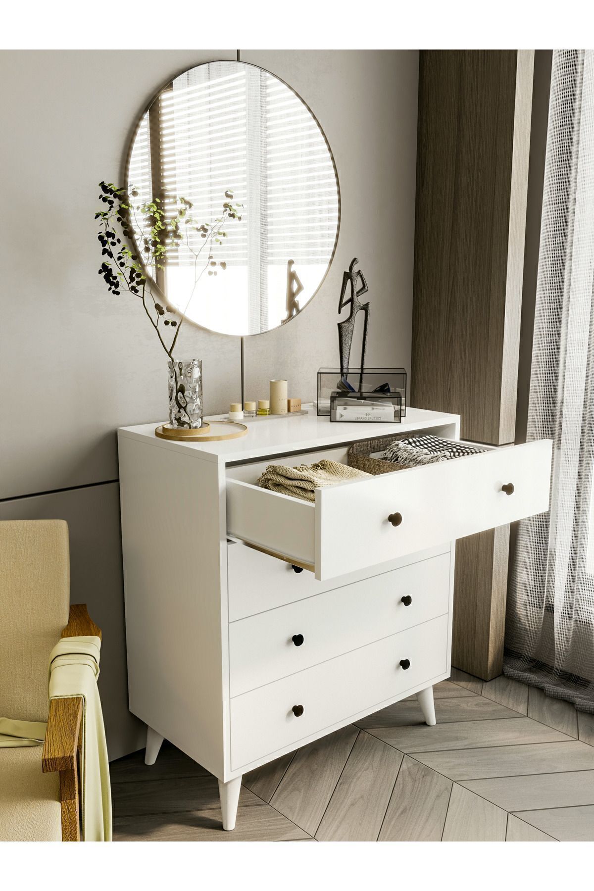Commode Blanche Brillante 4 Tiroirs Country Commode Chevet en Bois