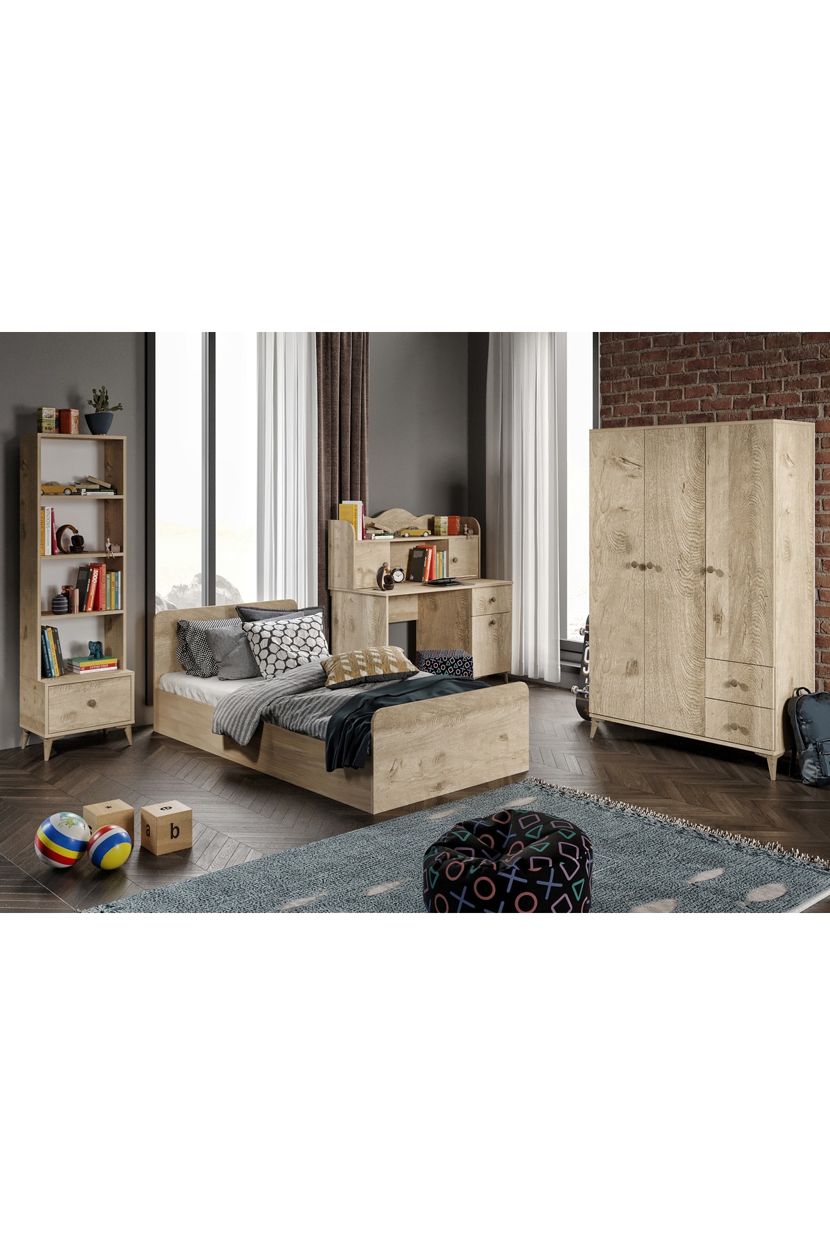 Ensemble de chambre moderne pour jeunes en chêne - 4 pièces et entièrement en MDF de qualité supérieure