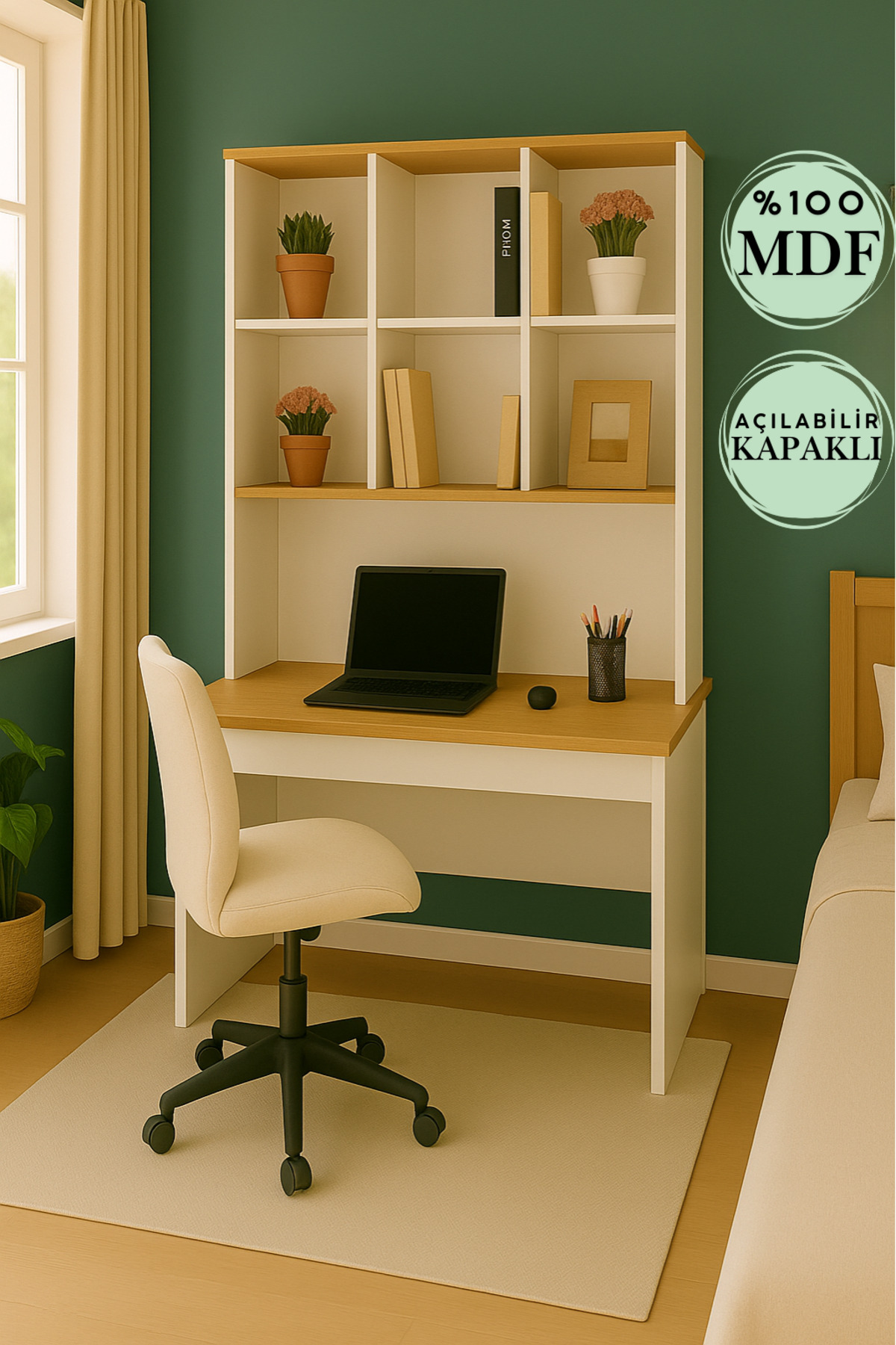 Bureau pour chambre d'adolescent Arion Nouvelle Génération | 100% MDF | Ergonomique | Modèle avec étagère et portes