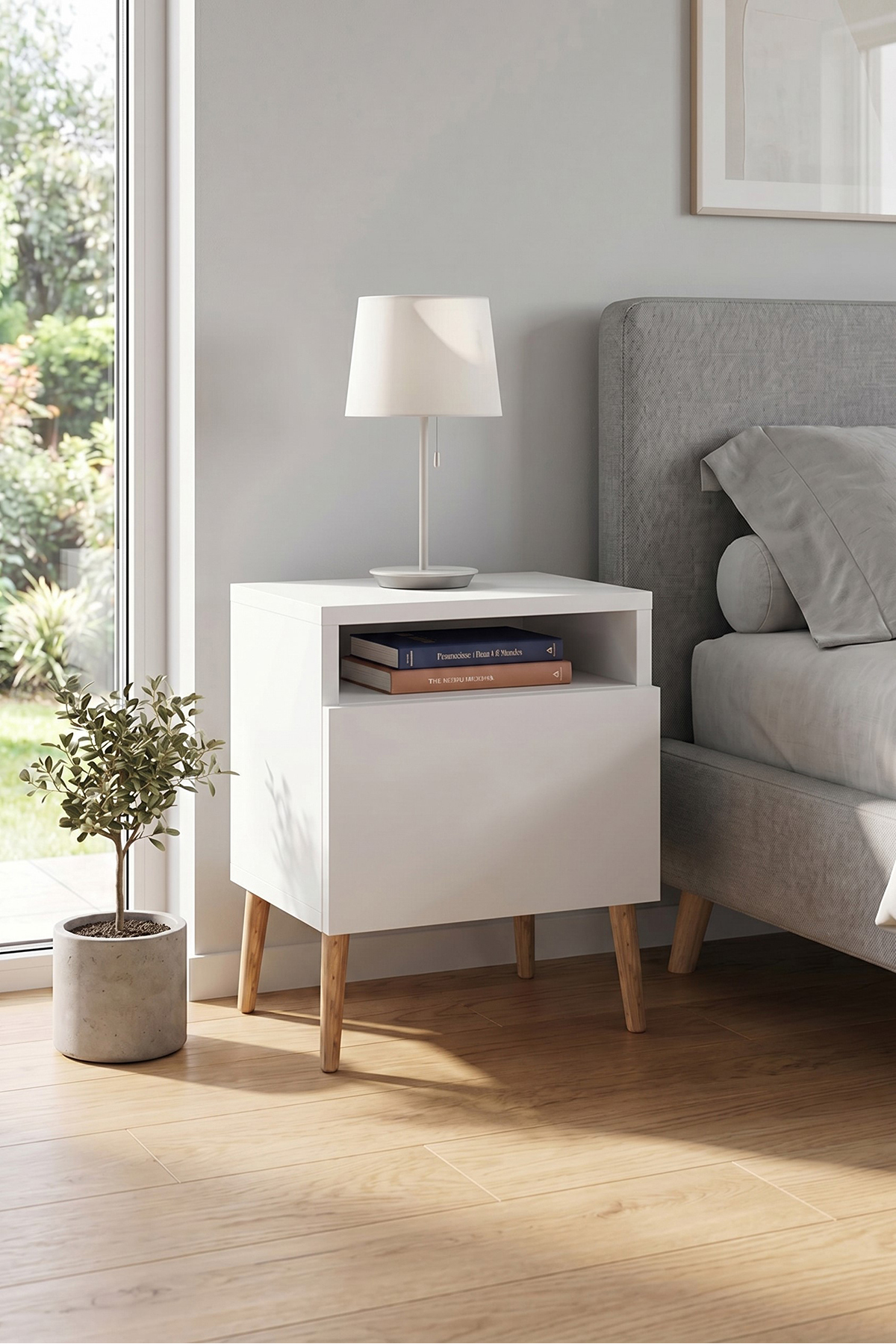 Commode moderne blanche avec pieds en bois, commode de chambre à coucher, commode pour chambre de bébé, commode pour chambre d'adolescent, commode avec étagères, table de chevet, commode moderne scandinave