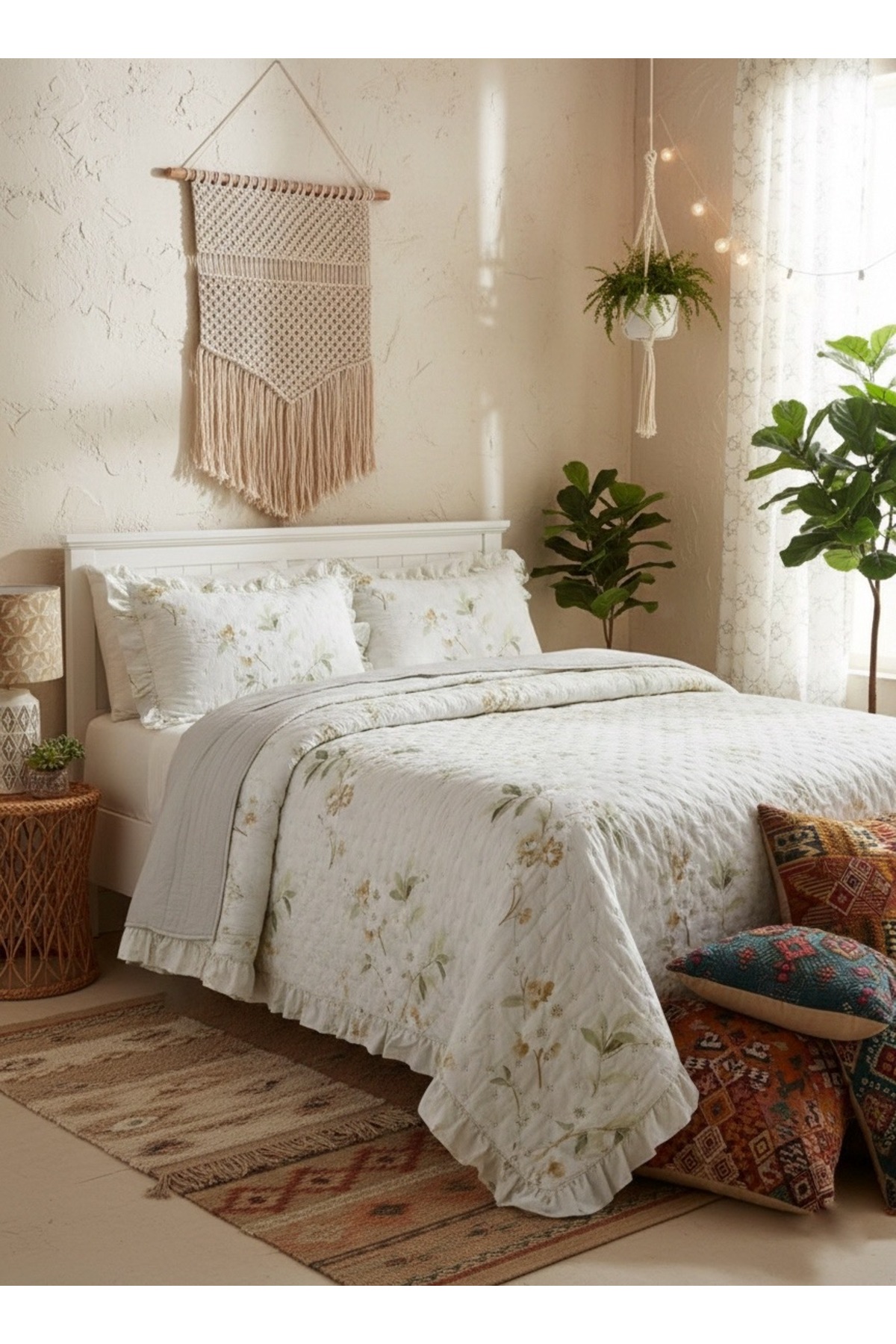Ensemble de Housse de Lit Matelassée à Volants avec Motif Double pour Lit Double Dream Taille King