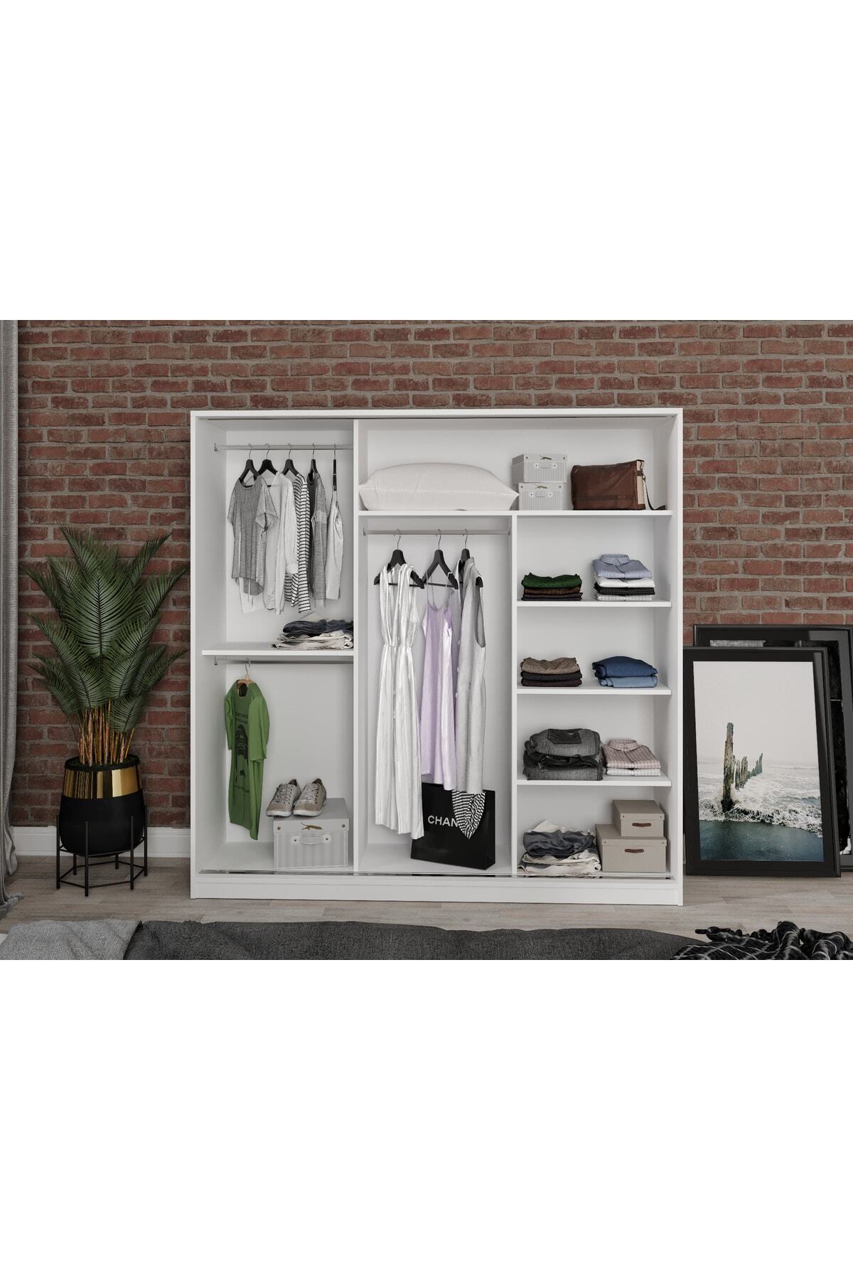 Armoire blanche Samira en MDF avec portes coulissantes et miroir, 3 portes