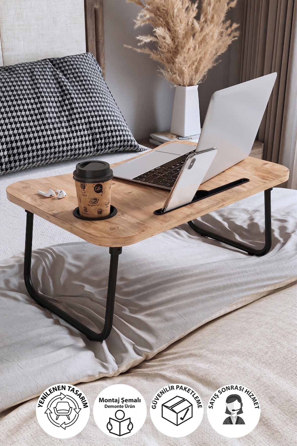 Table pliante portable pour ordinateur portable avec support pour tablette et téléphone, en pin