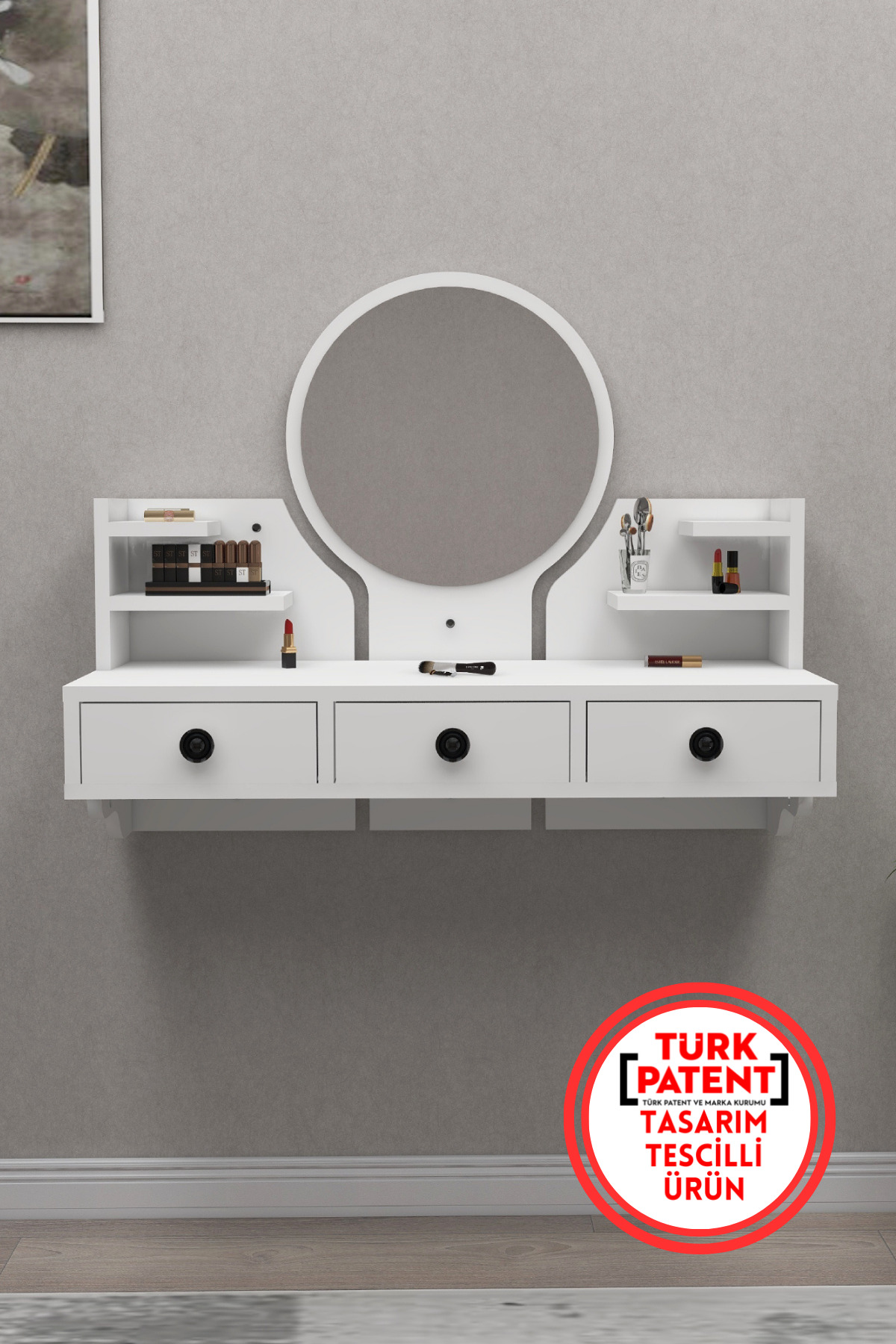 Table de maquillage murale Polina avec miroir, étagères et tiroirs, blanc - Polina