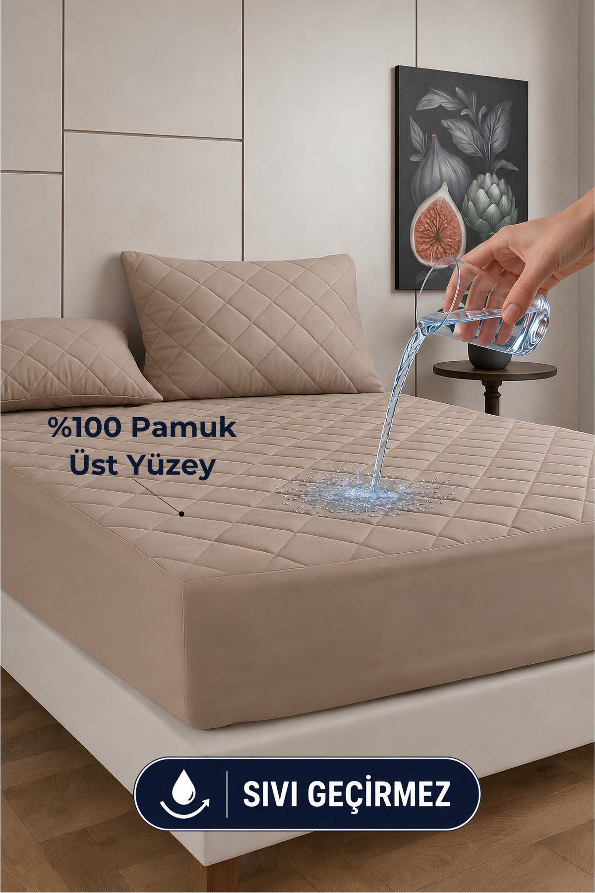 Protection de matelas matelassée Premium Beige % coton, ajustée, bord complet, imperméable à l'eau, toutes tailles