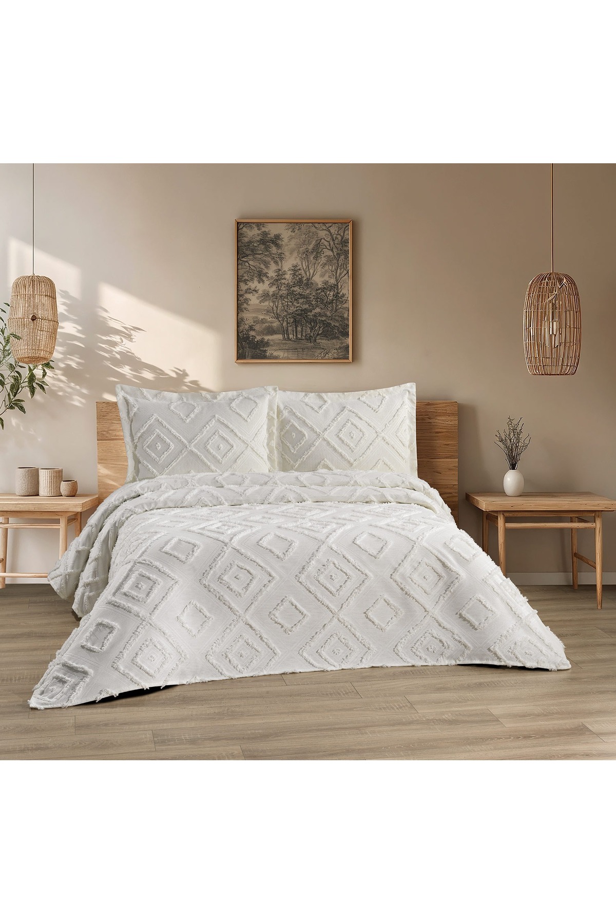 Housse de lit scandinave Jasmin 3 pièces pour lit double crème
