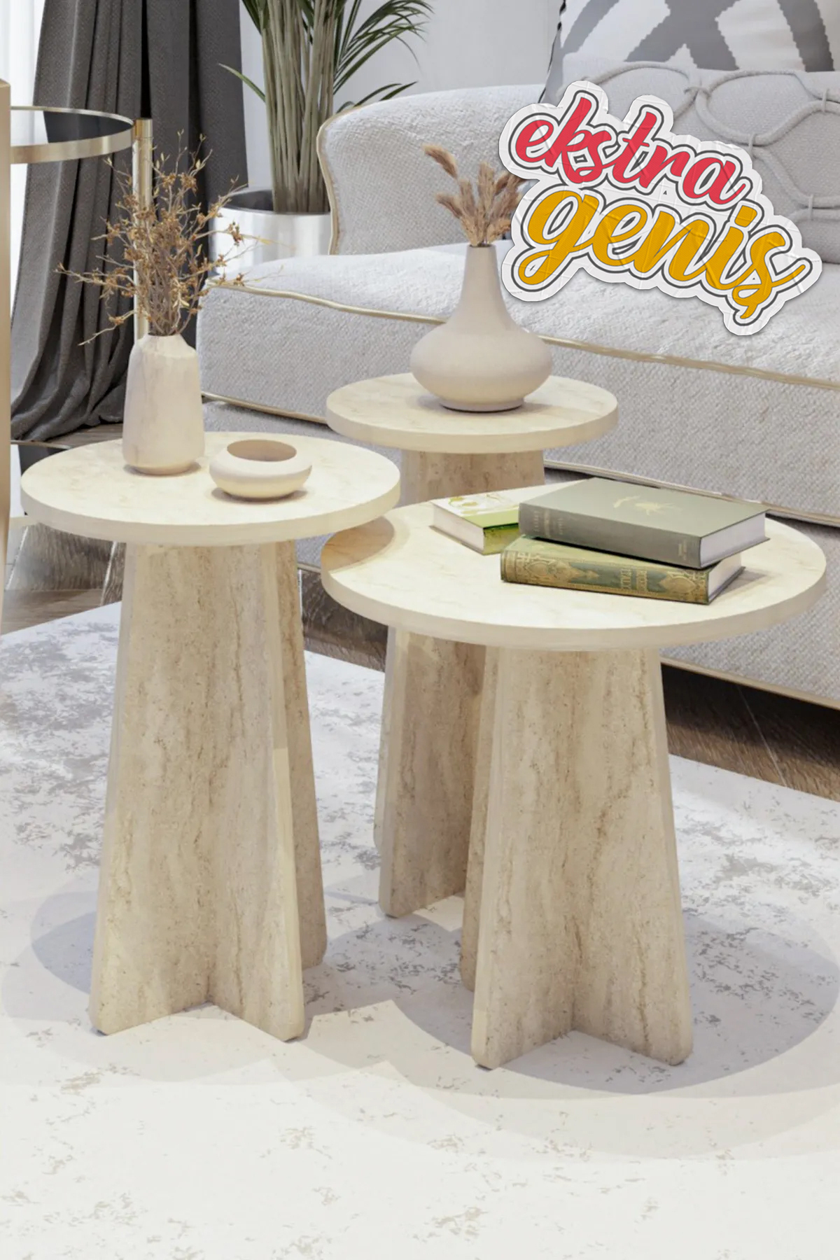 Table d'appoint en champignon scandinave large Ensemble de 3 tables gigognes Table latérale intermédiaire Motif marbre travertin