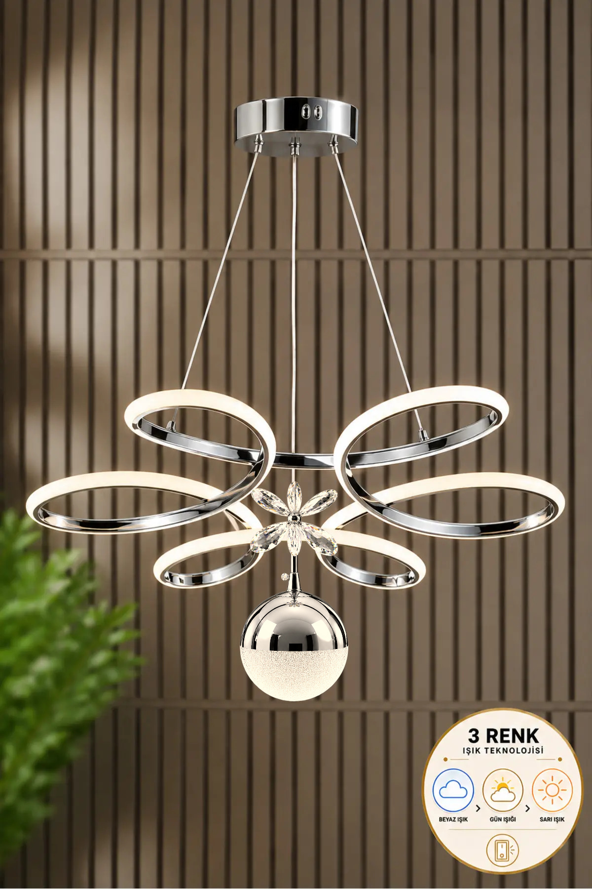 Suspension LED moderne en métal chromé modèle Papatya, 3 couleurs, pour salon, cuisine, séjour, chambre