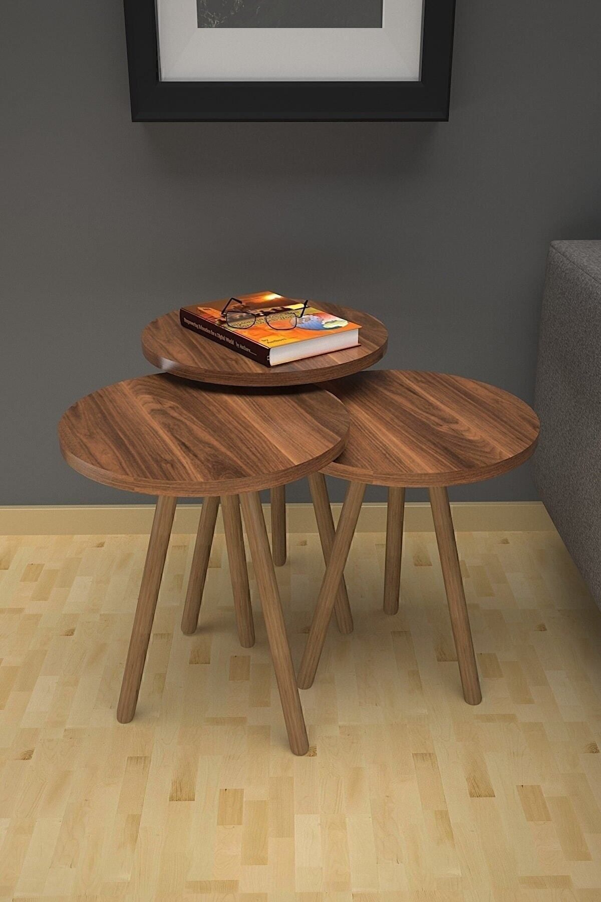 Ensemble de 3 tables gigognes rondes – Pieds en bois, style moderne, table à café et de présentation en noyer
