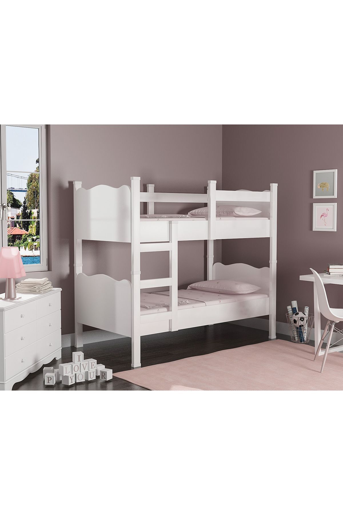 Lit superposé double en MDF avec profil, blanc, séparables