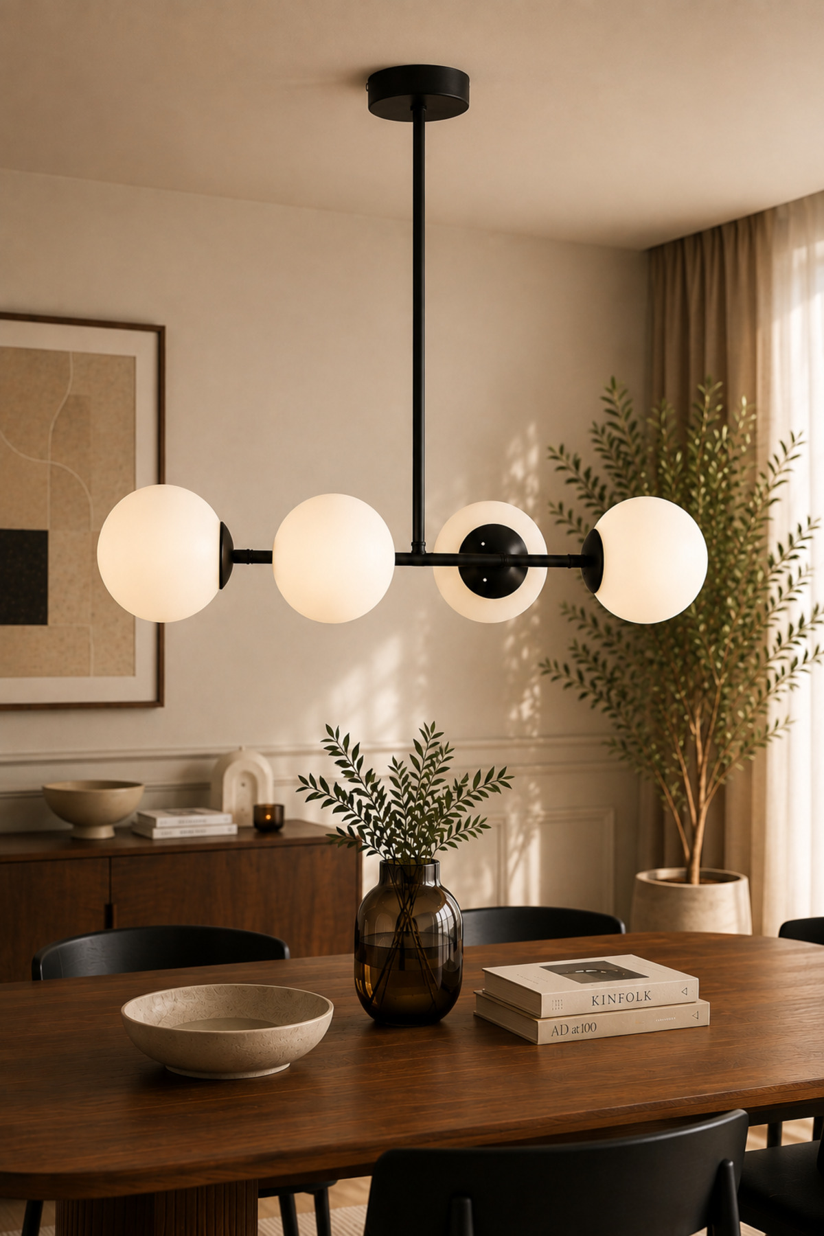 Lustre de salle à manger moderne noir à 4 branches pour chambre à coucher et salon