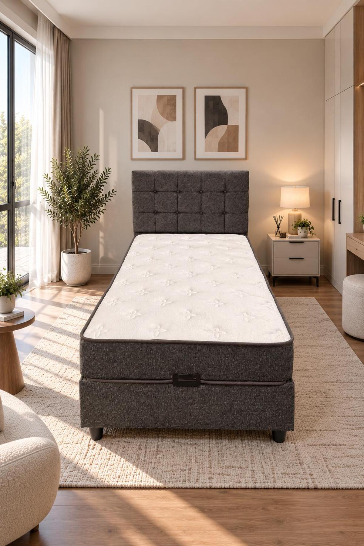 Ensemble de tête de lit et sommier coffre simple Bengü Anthracite 3 pièces Orthopédique Pratique avec grand espace de rangement