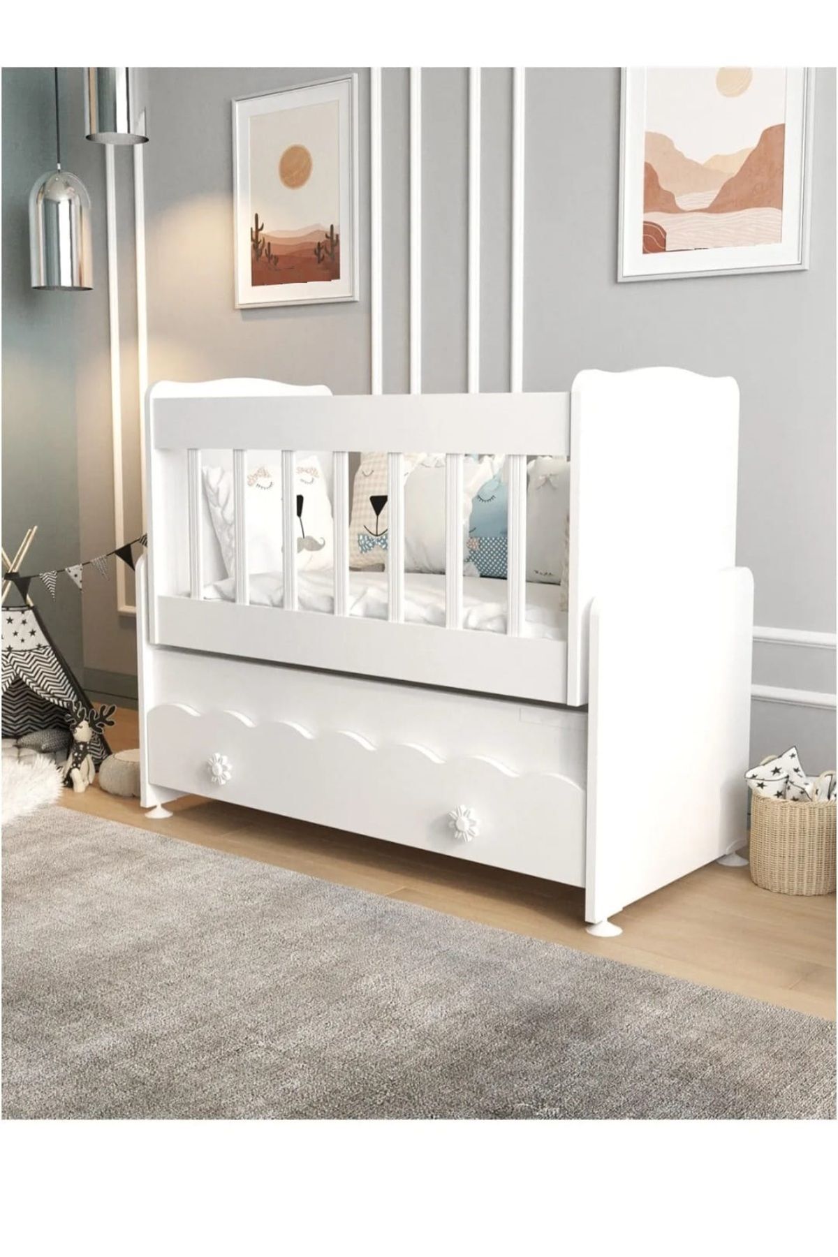 Berceau en bois blanc pour bébé avec tiroir et balancement, à placer à côté de la mère
