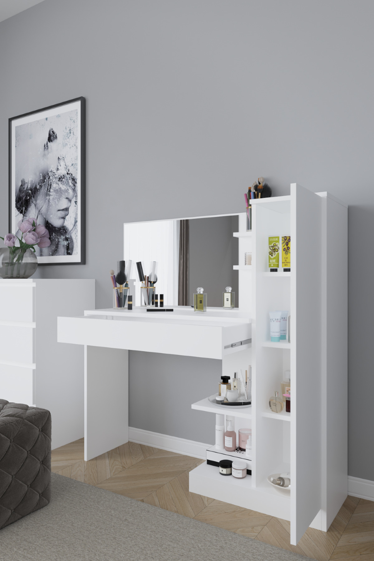 Coiffeuse Orchidée, 1 tiroir, avec armoire et miroir