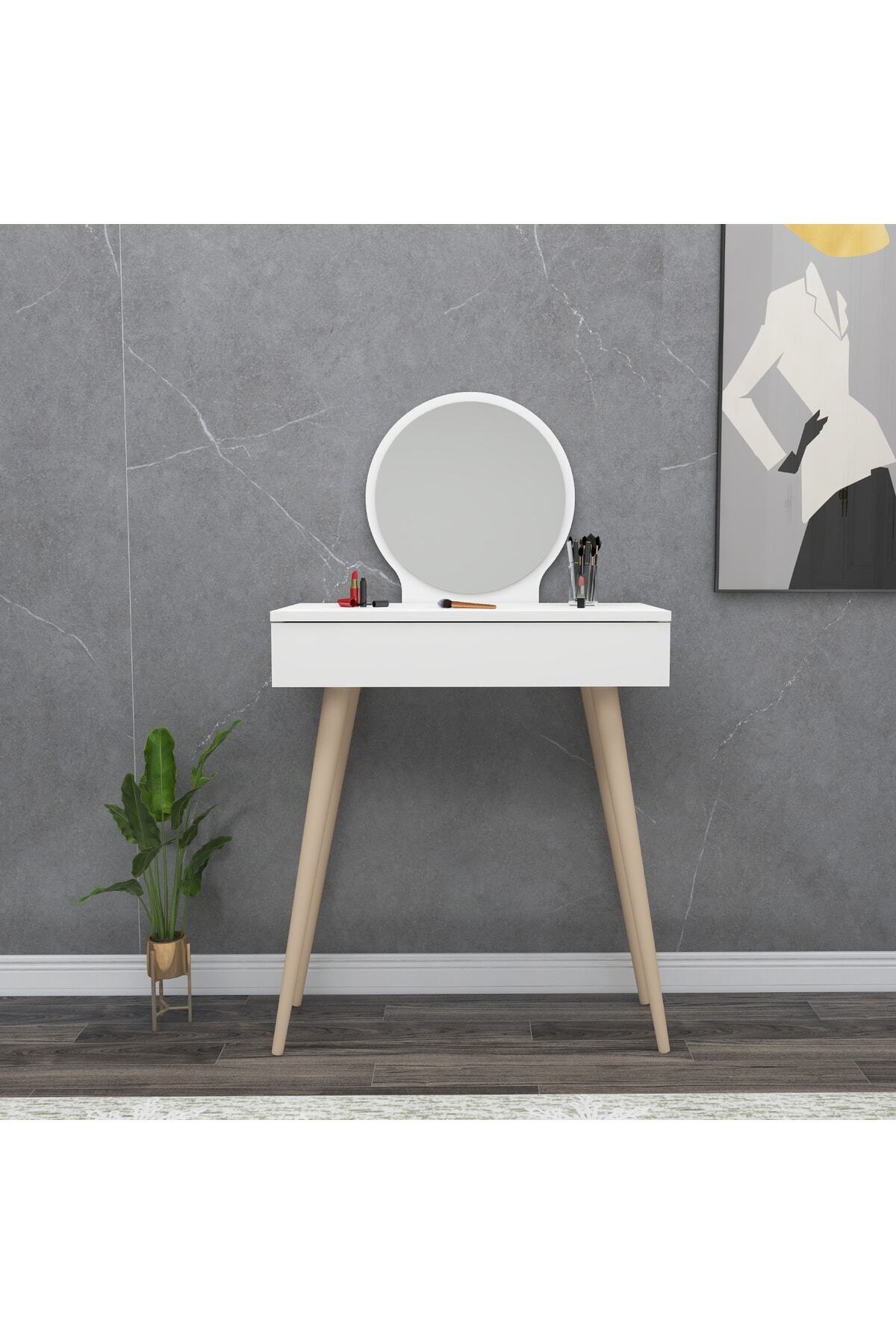 Table de maquillage avec miroir et tiroirs sur pieds en bois Siena, Blanc - Siena