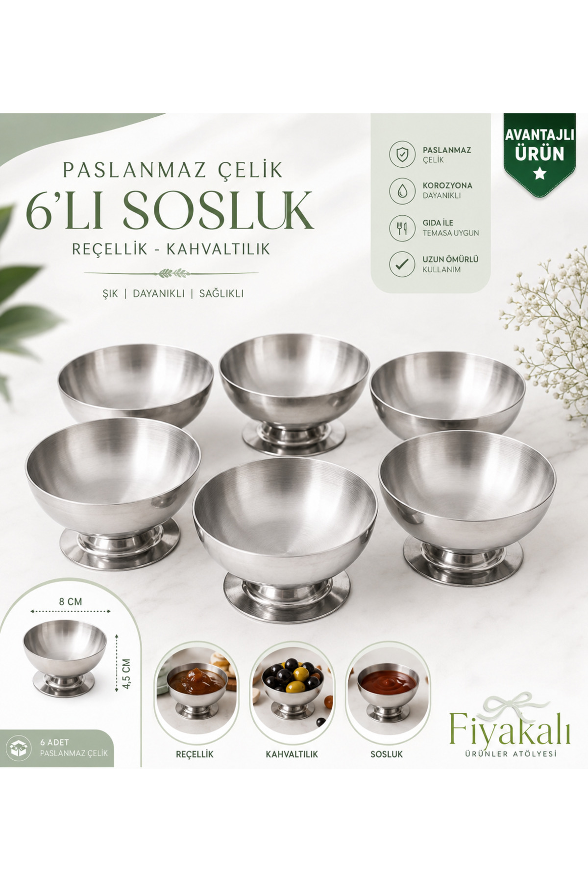 Set de 6 Bols de Présentation en Acier Inoxydable avec Pied de 8 cm | Pour Confiture, Sauce, Fruits Secs, Petit Déjeuner, Mezze, Cornichons, Présentation, Cadeau