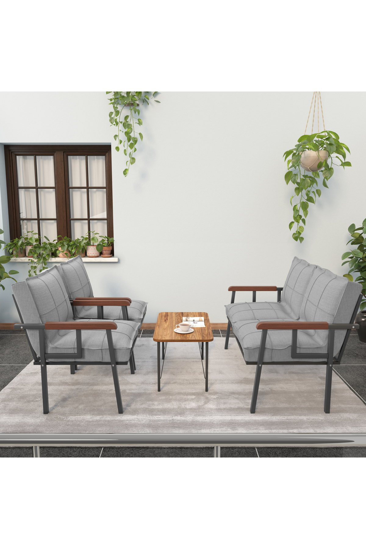 Série « Modern » Balcon, Jardin, Café - Ensemble Canapé en Métal 2 1 1 avec Table Offerte - Gris Clair