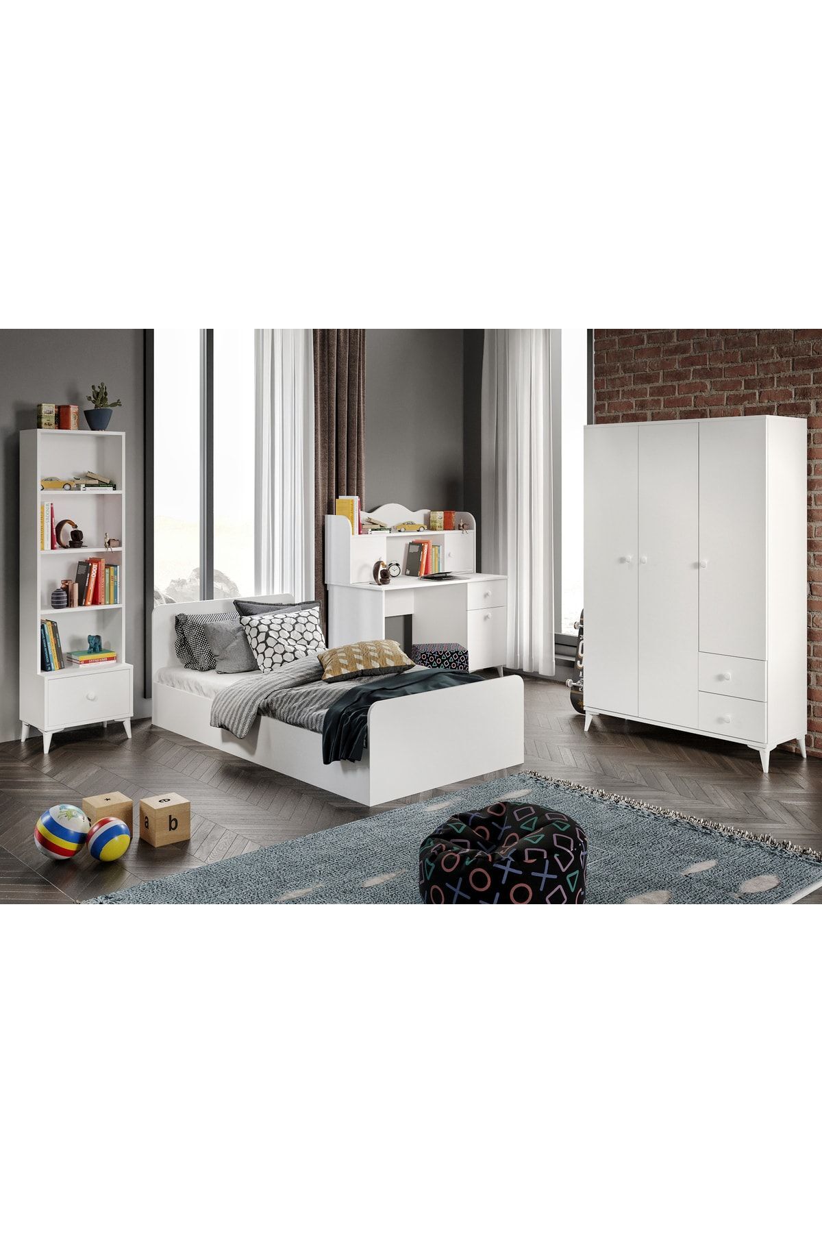 Ensemble chambre d'adolescent moderne Akasya blanc - 4 pièces et entièrement en MDF de première qualité