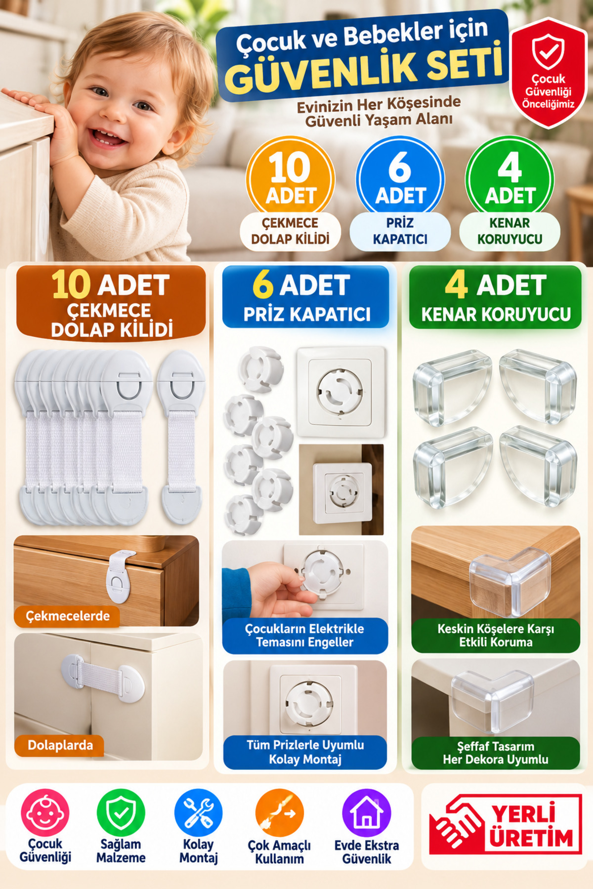 Ensemble de sécurité pour enfants et bébés,  serrures de tiroir, 4 protections d'angle, 6 protections de prise