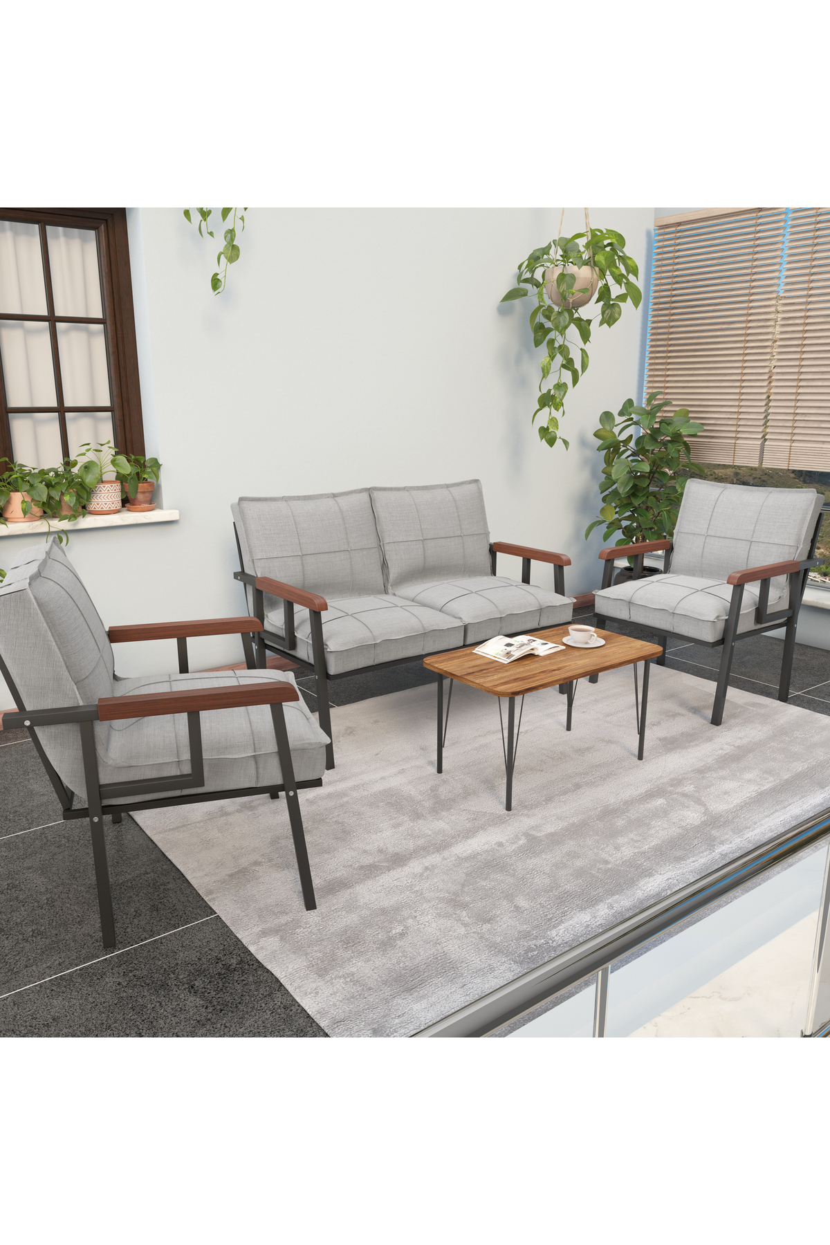 Série « Modern » Balcon, Jardin, Café - Ensemble Canapé en Métal 2 1 1 avec Table Offerte - Gris Clair