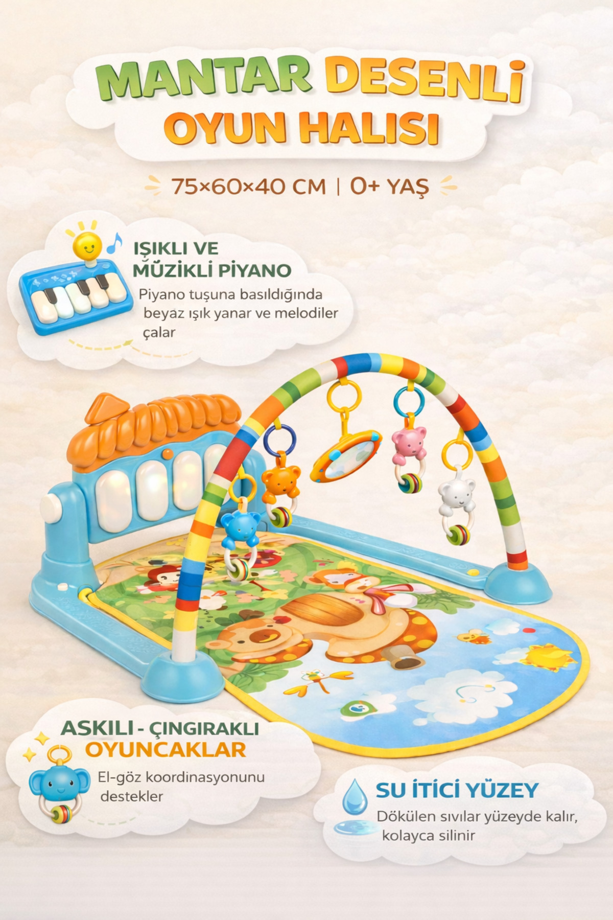 Tapis de jeu pour bébé avec motifs de champignons et piano – 0+ mois, tapis de développement lumineux et musical avec figures d'animaux