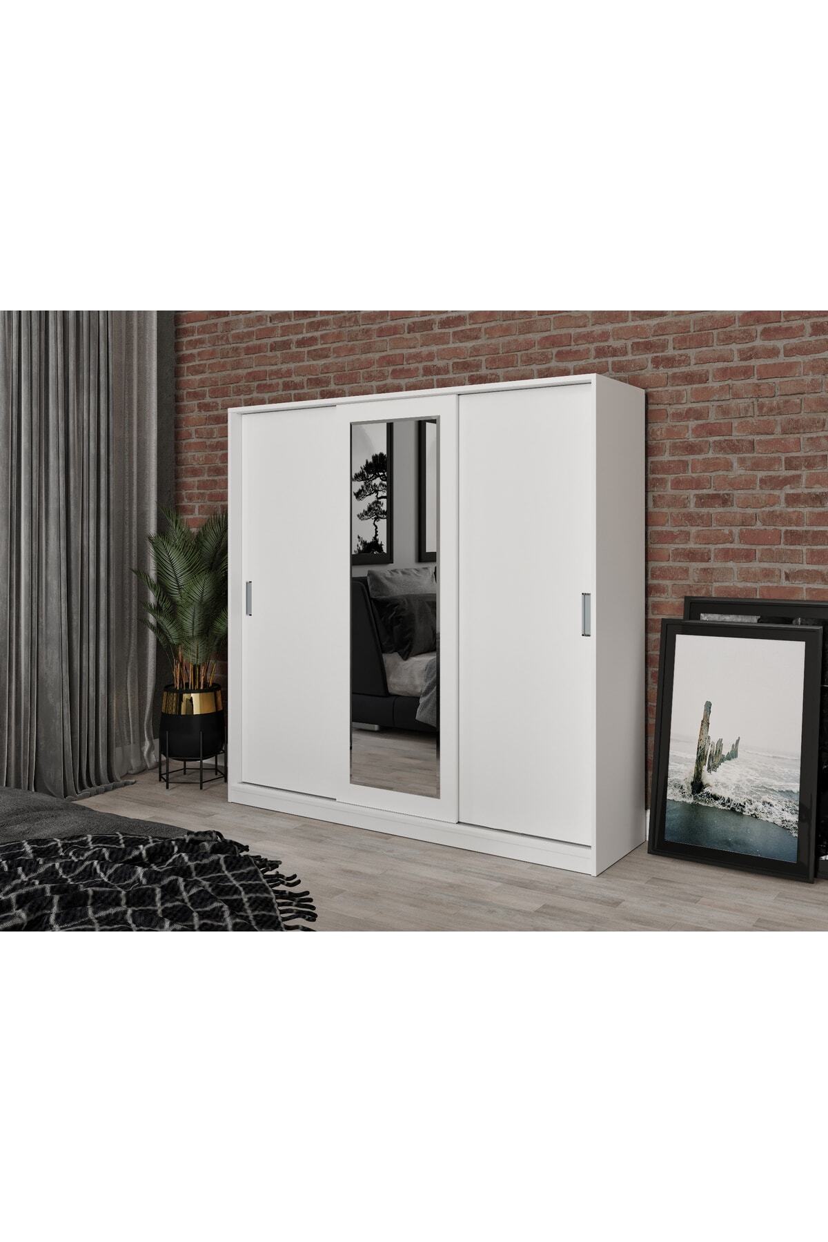 Armoire blanche Samira en MDF avec portes coulissantes et miroir, 3 portes
