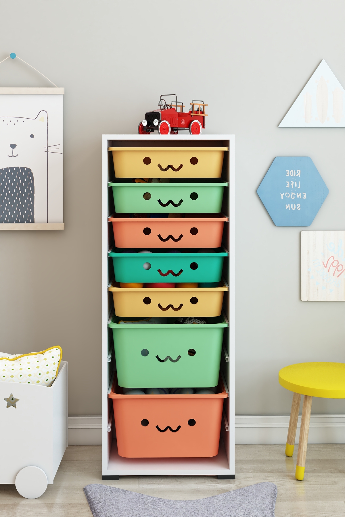 KIDS Armoire à jouets avec 7 paniers et sourires Boîte de rangement pour jouets