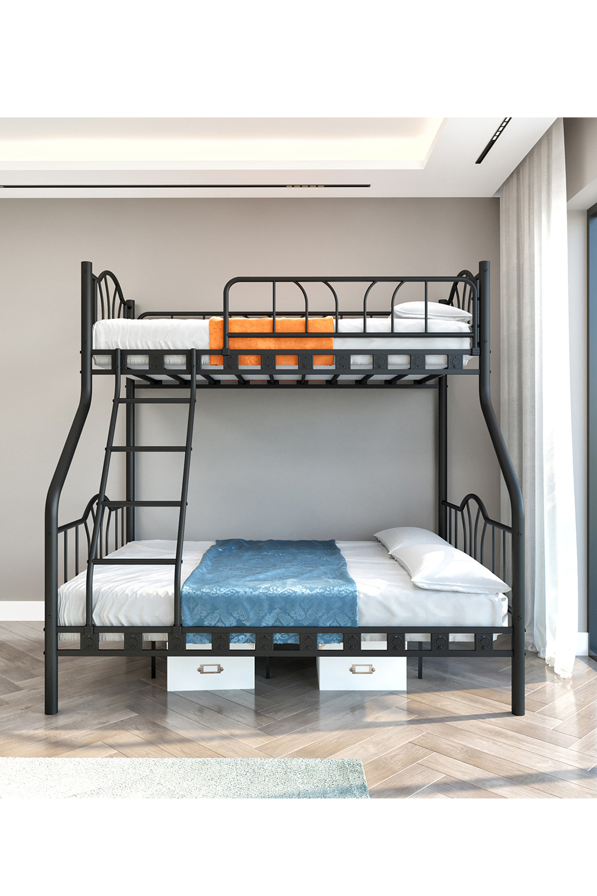 Lit superposé métallique pour 3 personnes avec 3 places pour parents  &  Noir