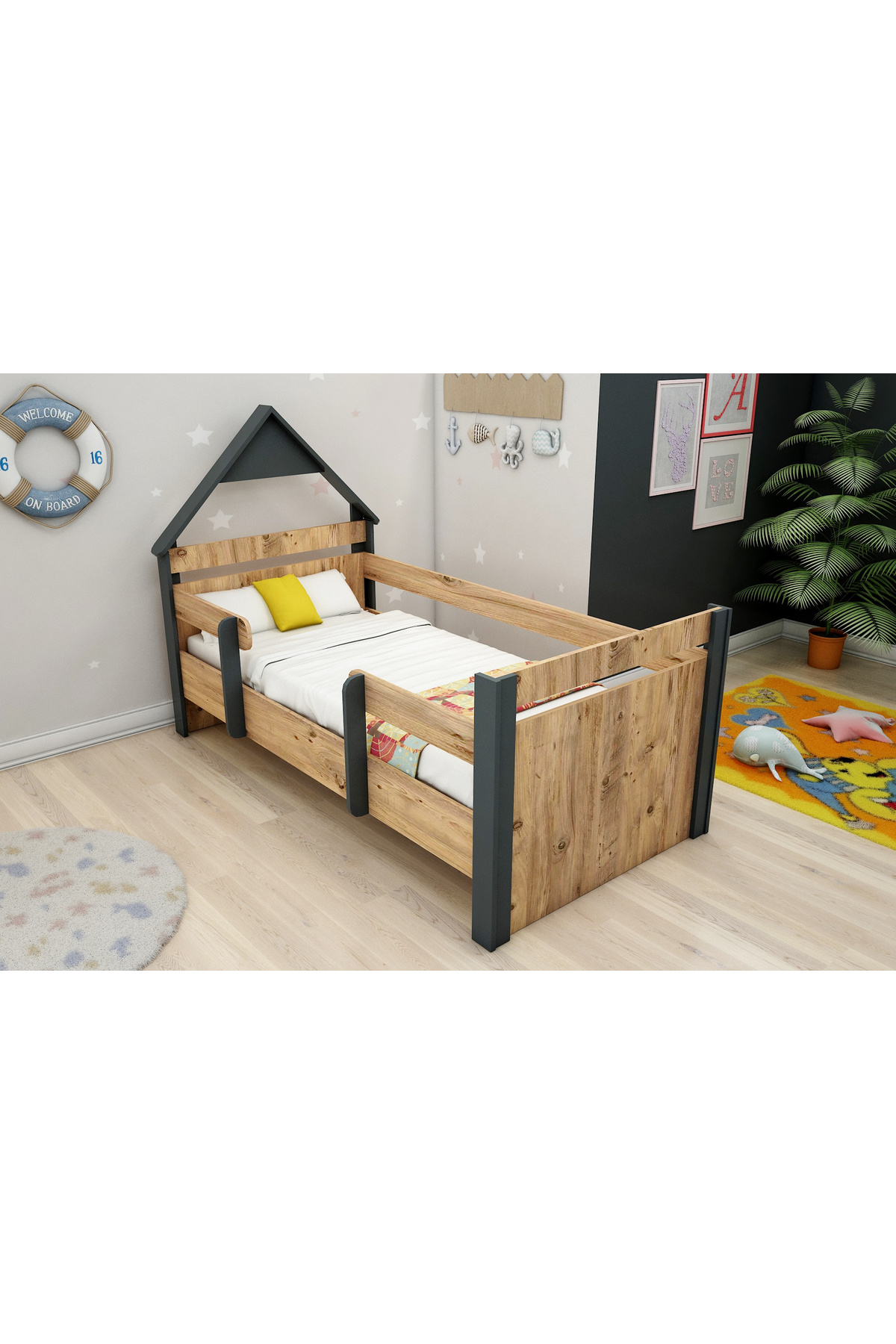 Lit Montessori pour Enfant Valerin en Pin Atlantique Anthracite (PEUT ÊTRE MONTÉ À DROITE OU À GAUCHE) - valerin