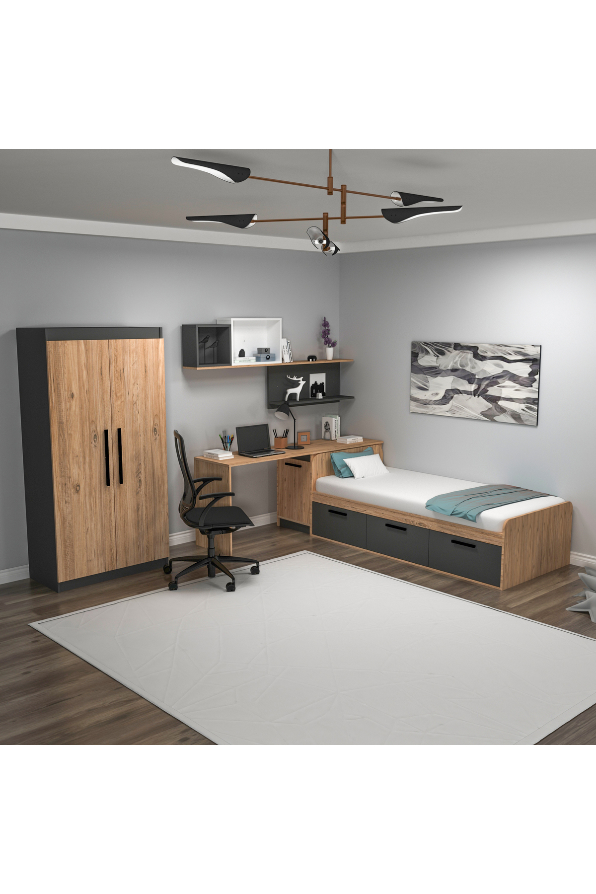 Chambre Jeune Akser Ensemble 4 pièces – Pin Atlantique Anthracite (Bureau, Lit, Armoire, Étagère Murale)