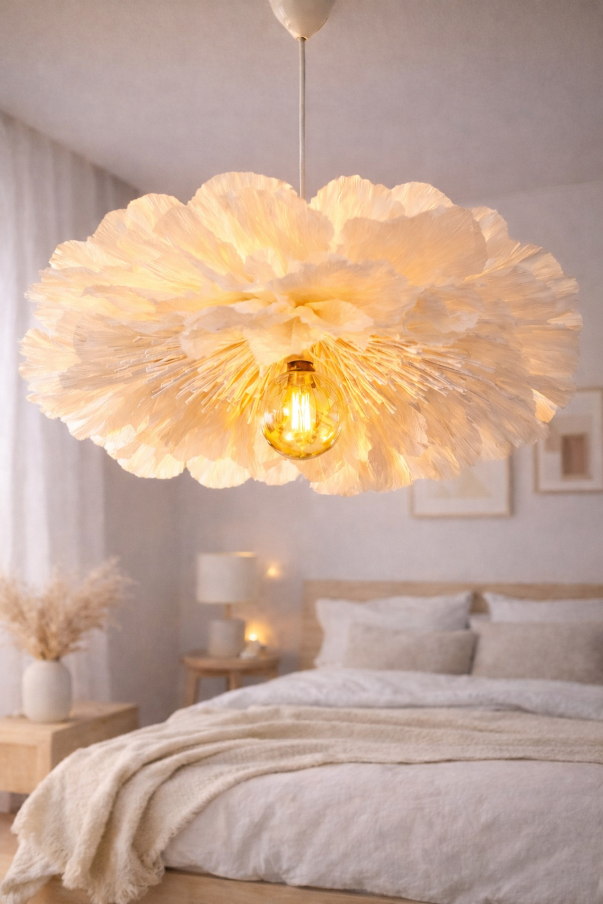 Lumi Bloom Abat-jour de fleurs fait main en papier crêpon italien blanc, éclairage pour salon et chambre
