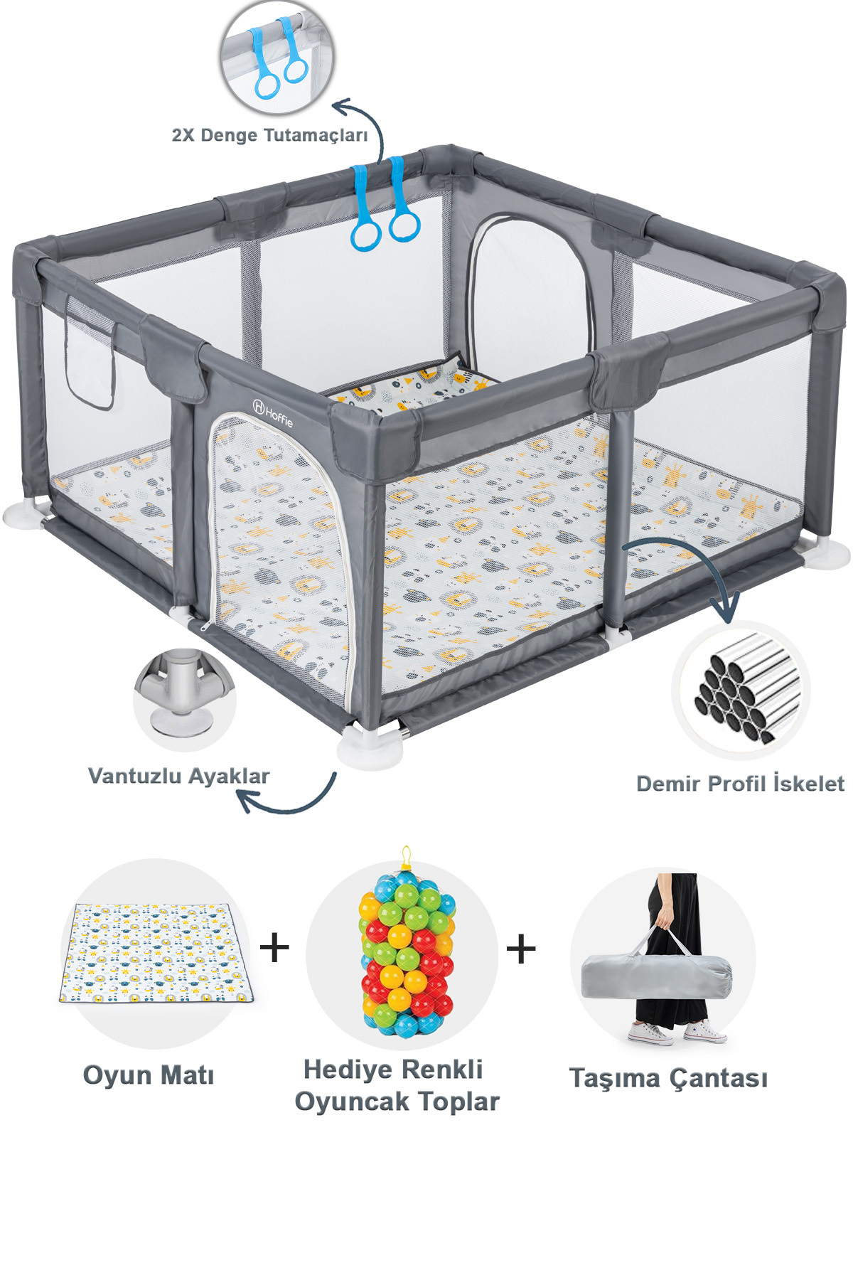 Aire de jeux sécurisée Original Playard Plus pour bébés et enfants, parc de jeux, tapis de jeu et balles, gris