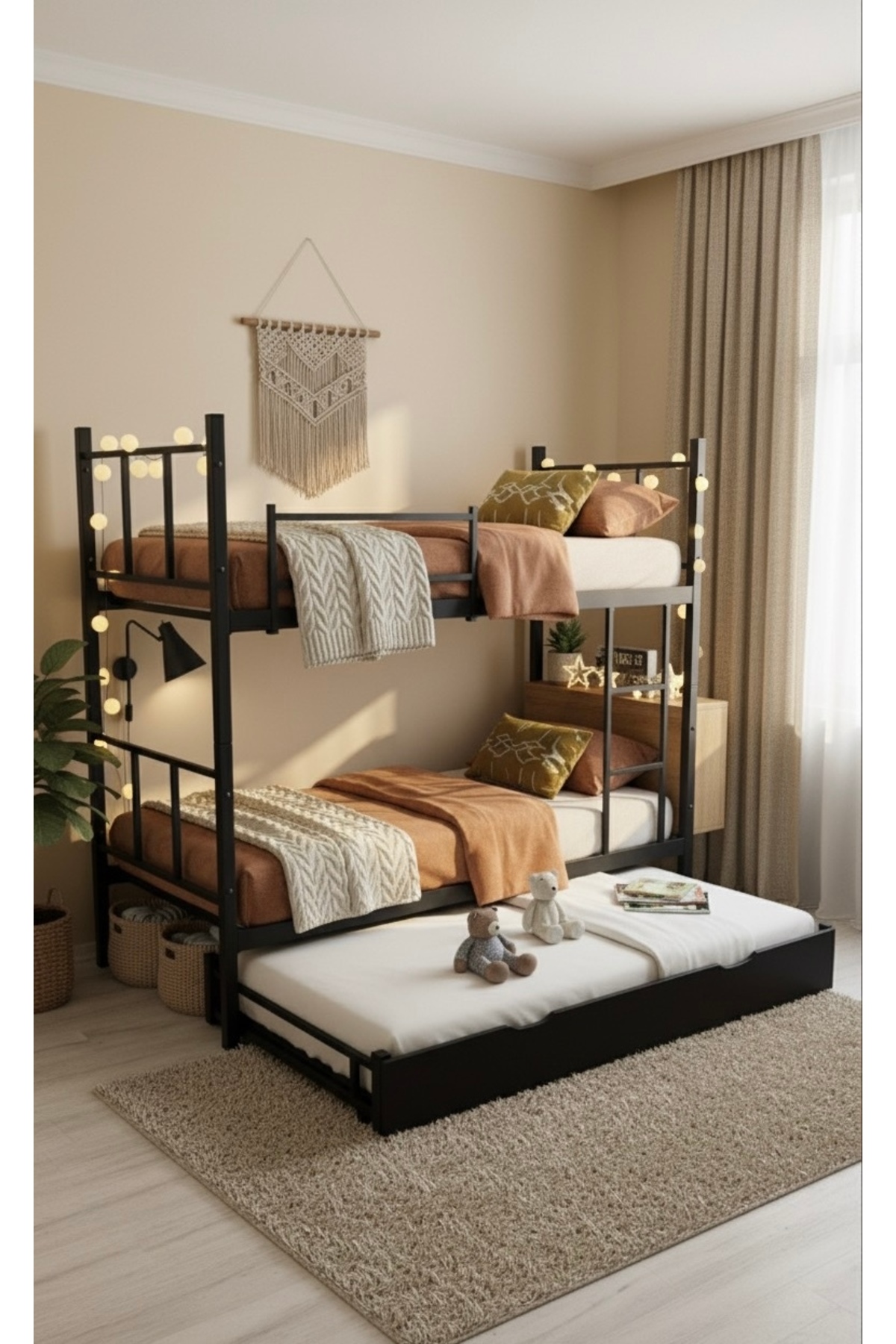 Lit superposé moderne avec étoiles, compatible avec lit, pour 3 personnes, lit superposé en métal noir