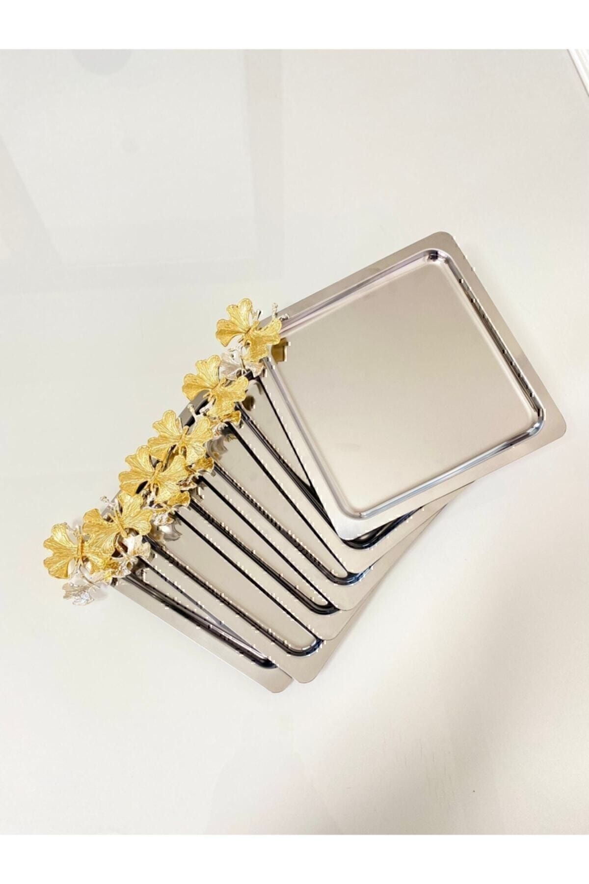 Plateau de service décoratif en acier inoxydable 6 pièces avec accessoires papillon, pour café, thé, argent et or jaune de luxe