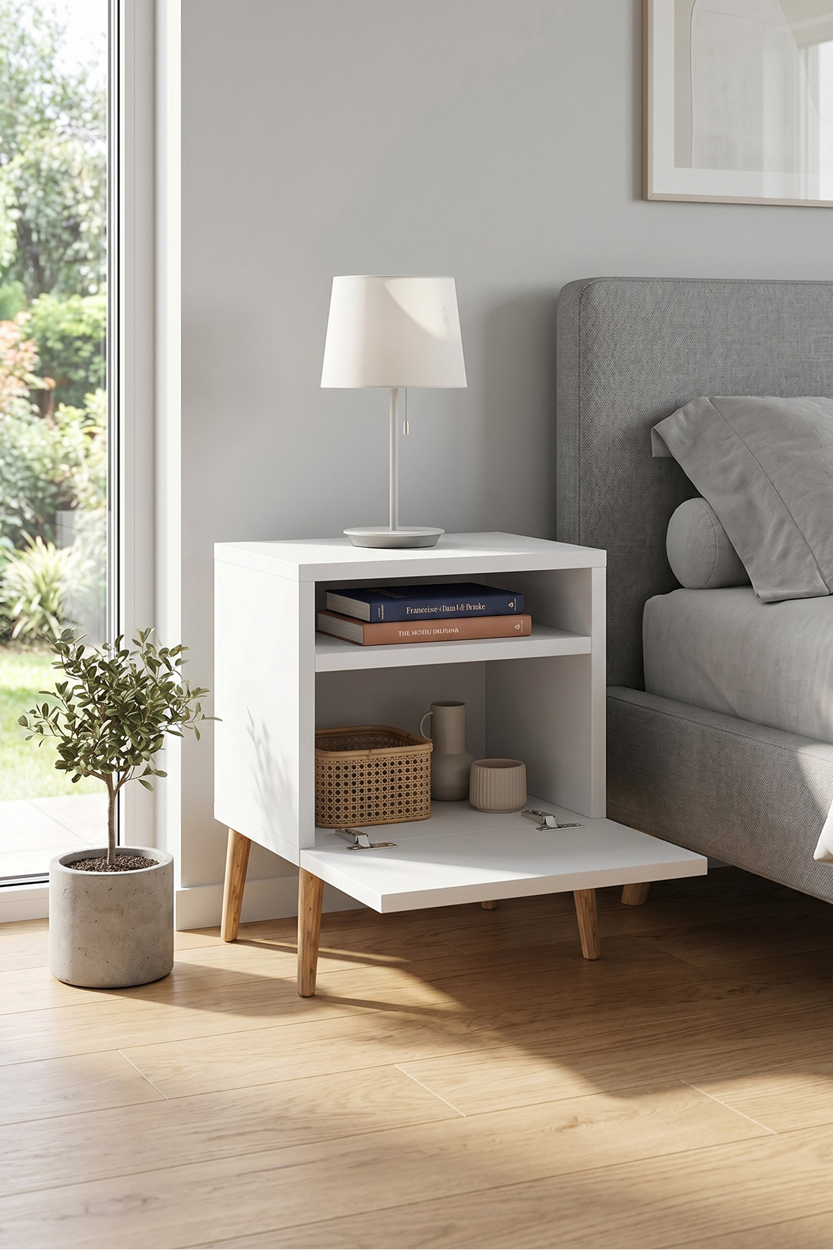 Commode moderne blanche avec pieds en bois, commode de chambre à coucher, commode pour chambre de bébé, commode pour chambre d'adolescent, commode avec étagères, table de chevet, commode moderne scandinave