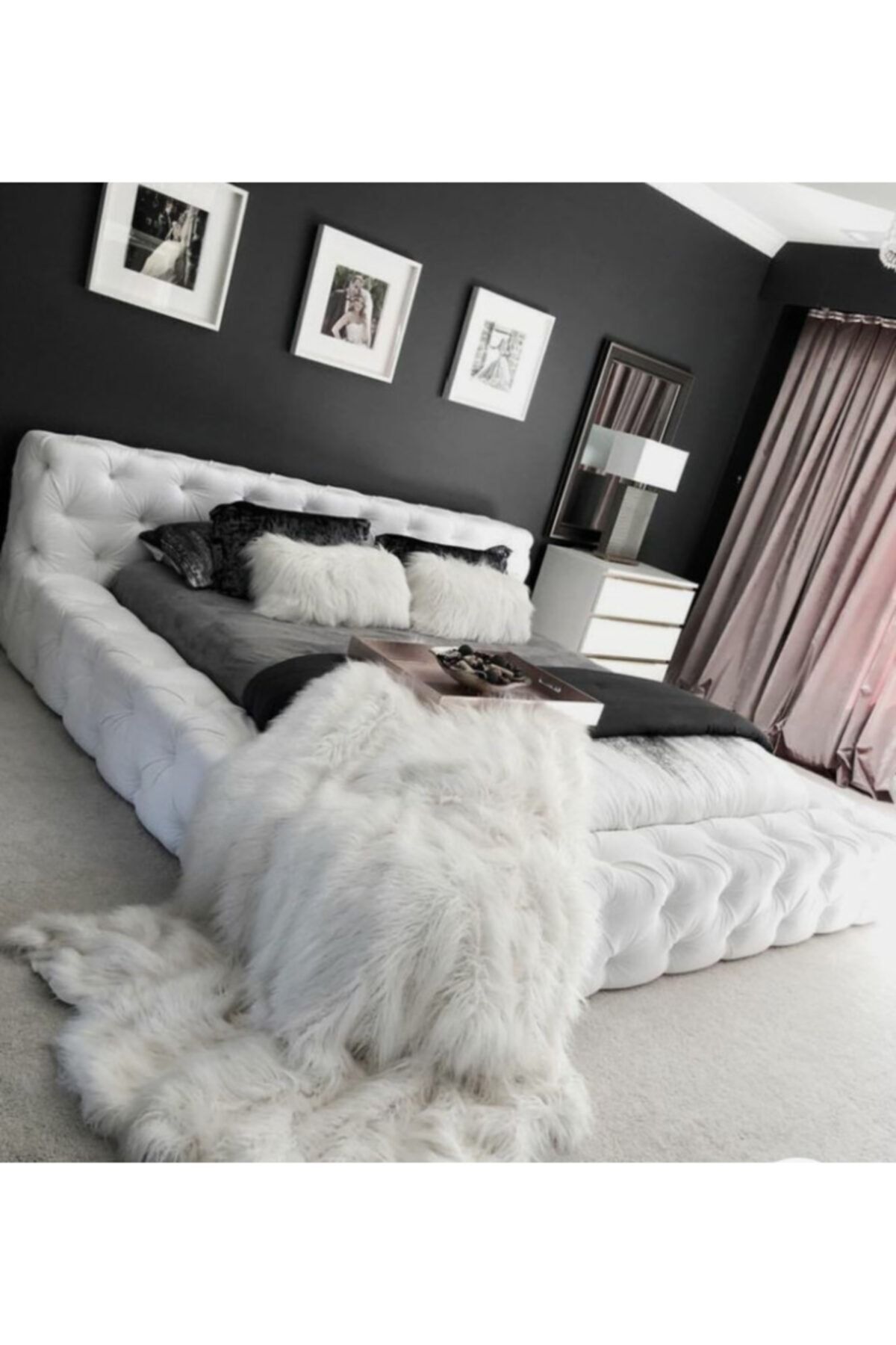 Lit double avec tête de lit, couleur flocon de neige blanc