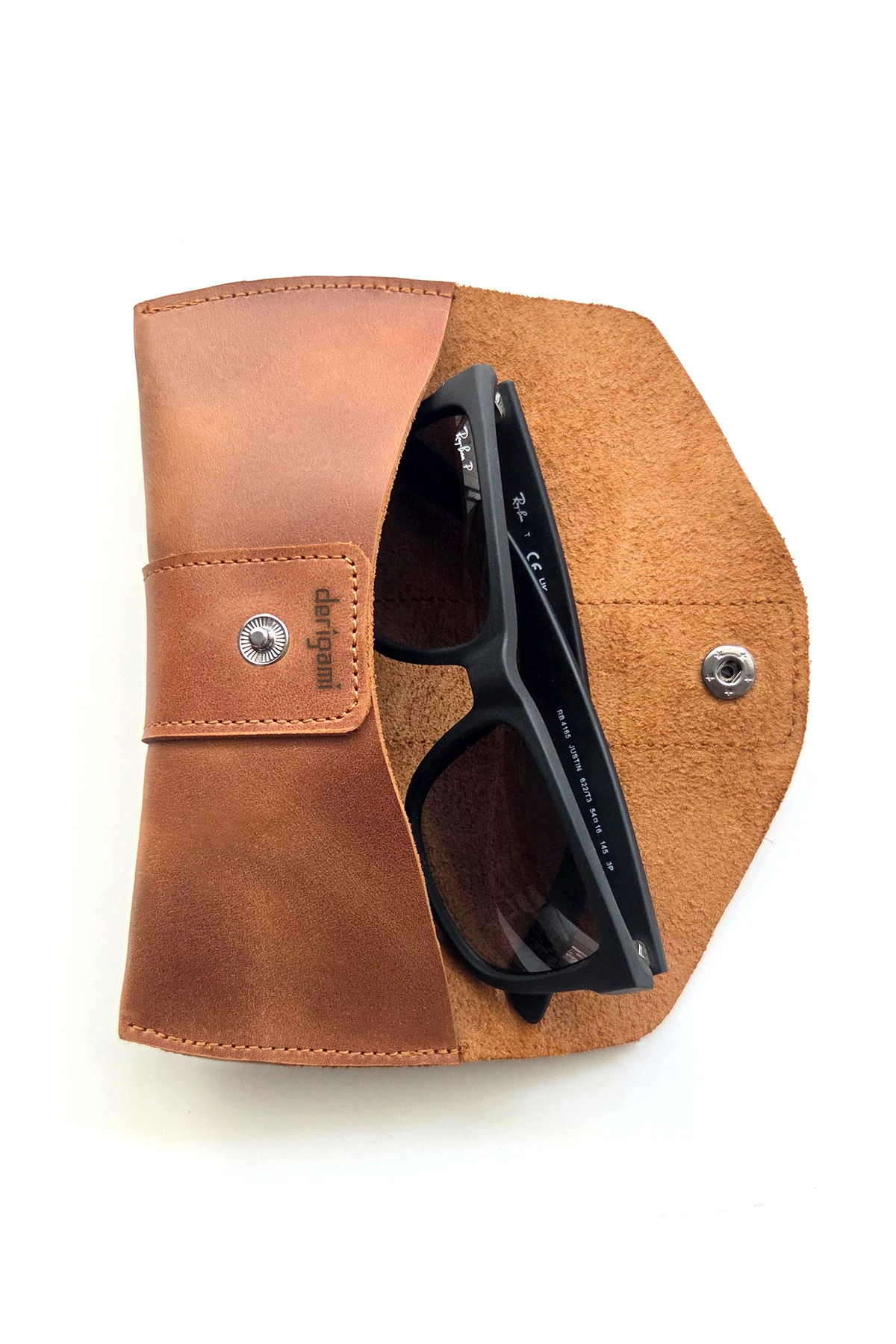 Étui à lunettes fait main en cuir véritable | Avec bouton-pression, intérieur en daim