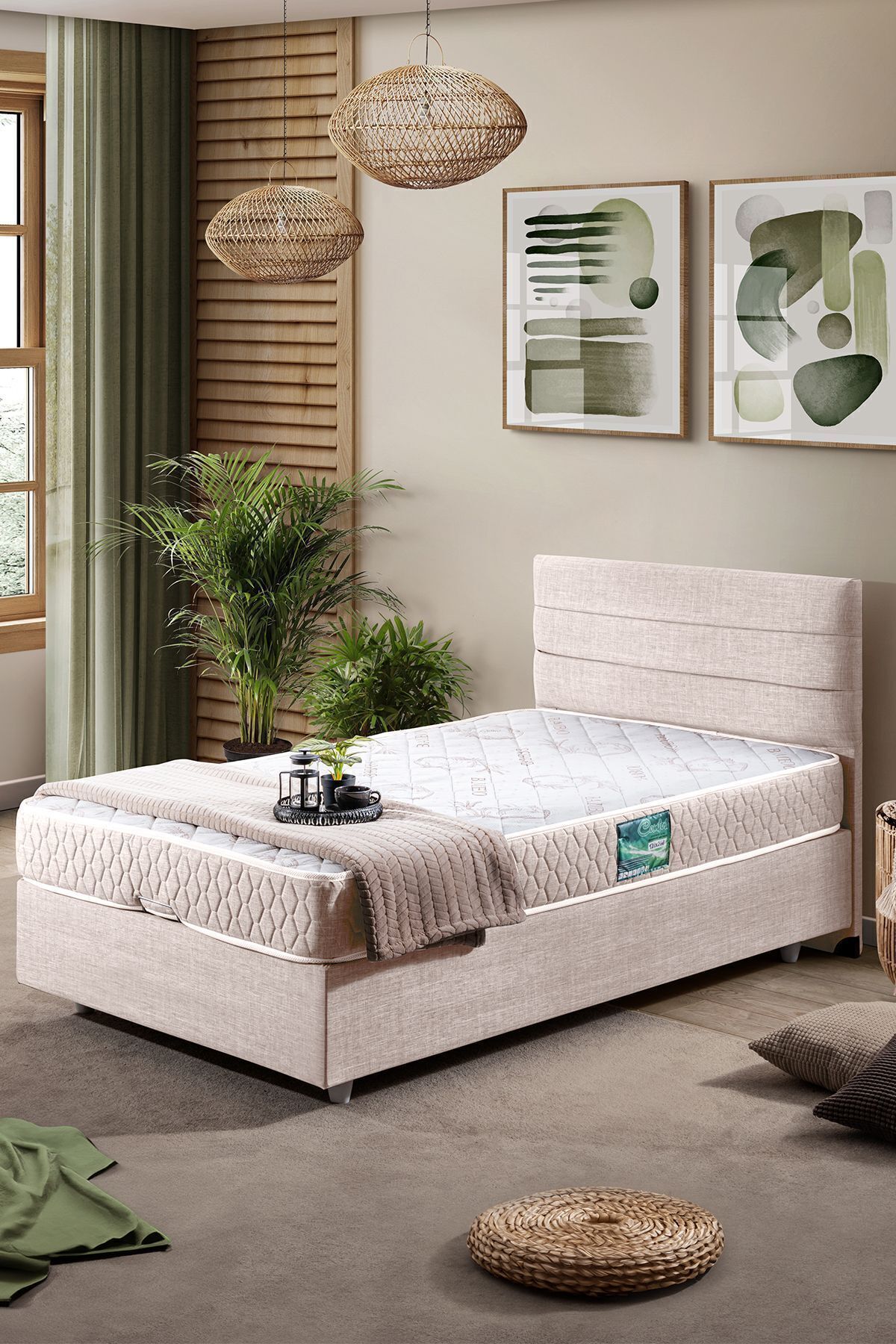 Ensemble de lit Comfort Sofia avec base et tête de lit simple Crème