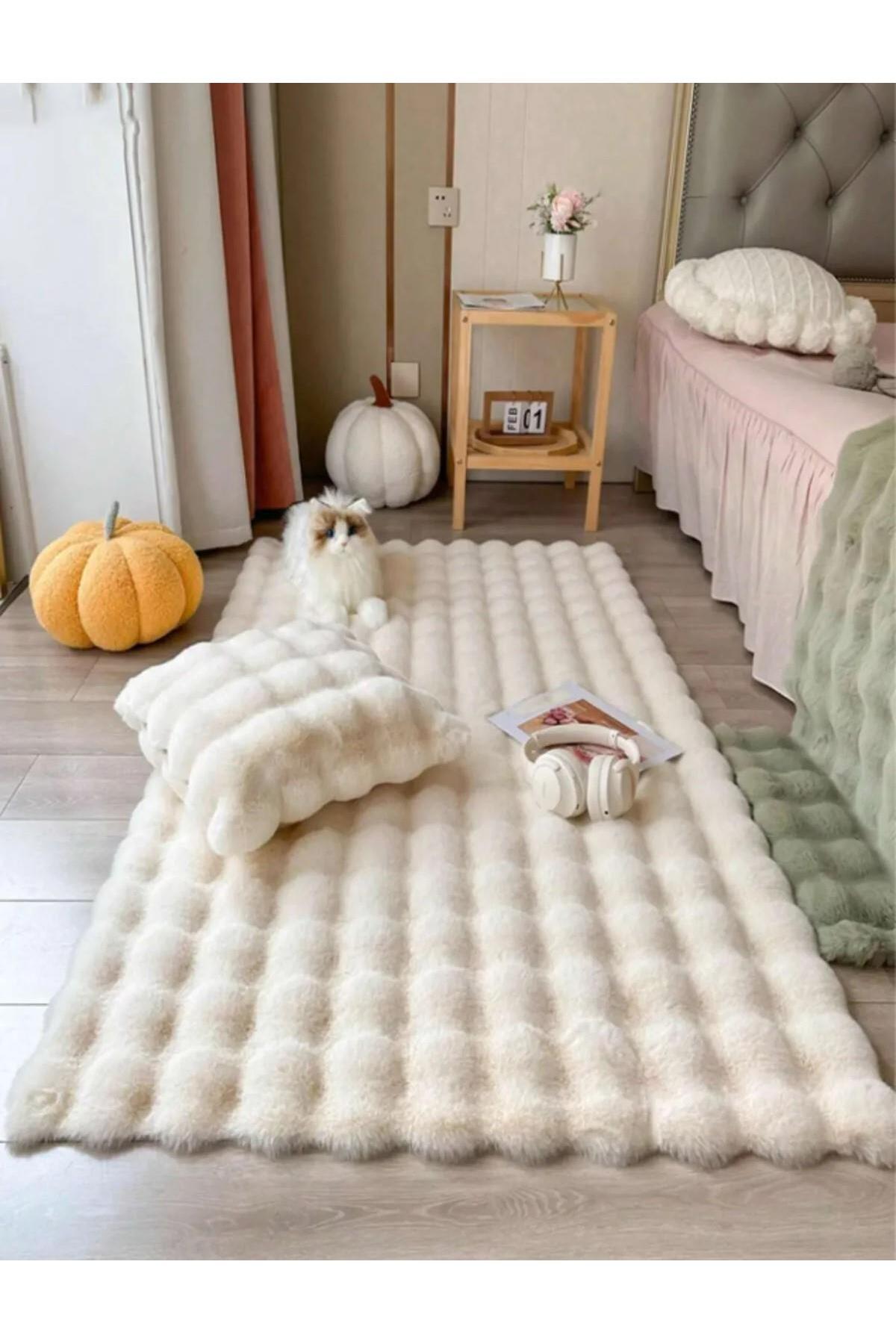 Tapis Puffy Bubble en forme de lapin en plumes, antidérapant, lavable en machine, pour salon, couloir, cuisine
