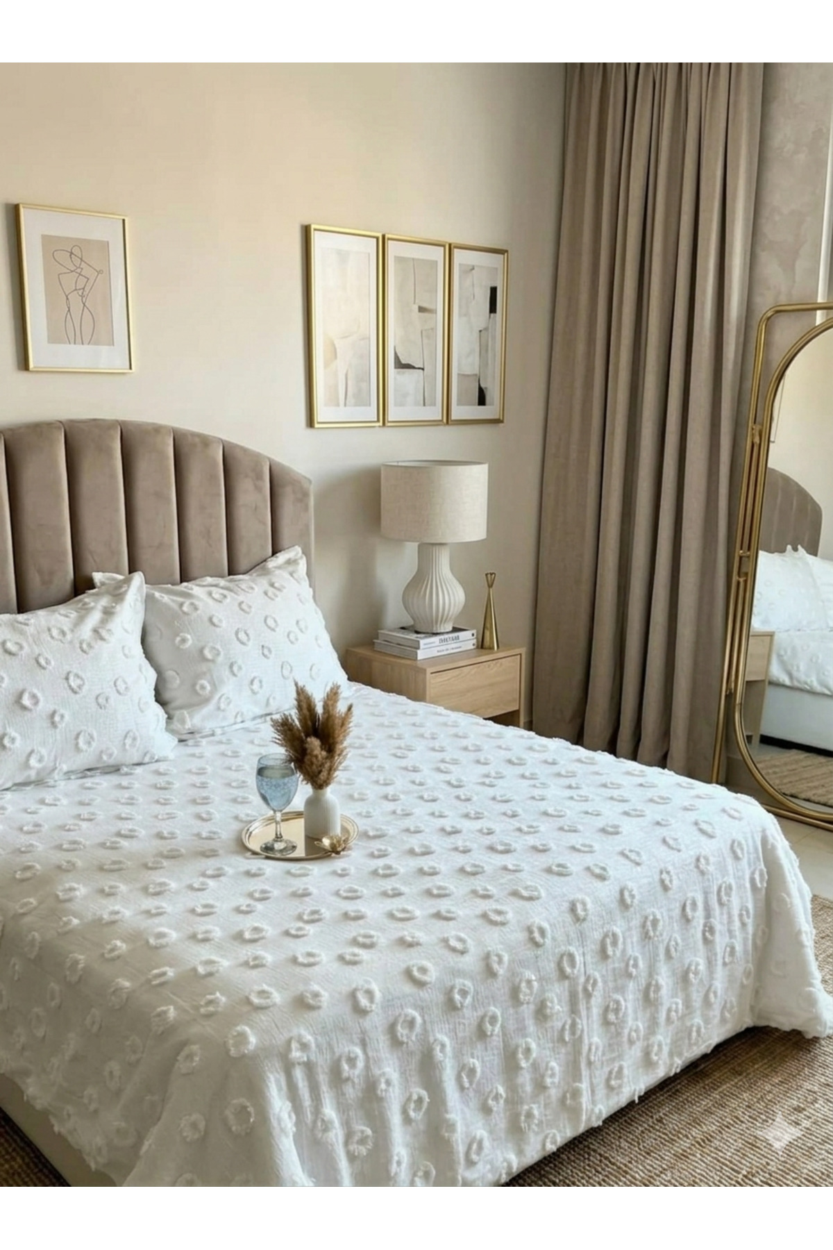Parure de lit 3 pièces pour lit double à motif pompon Crème