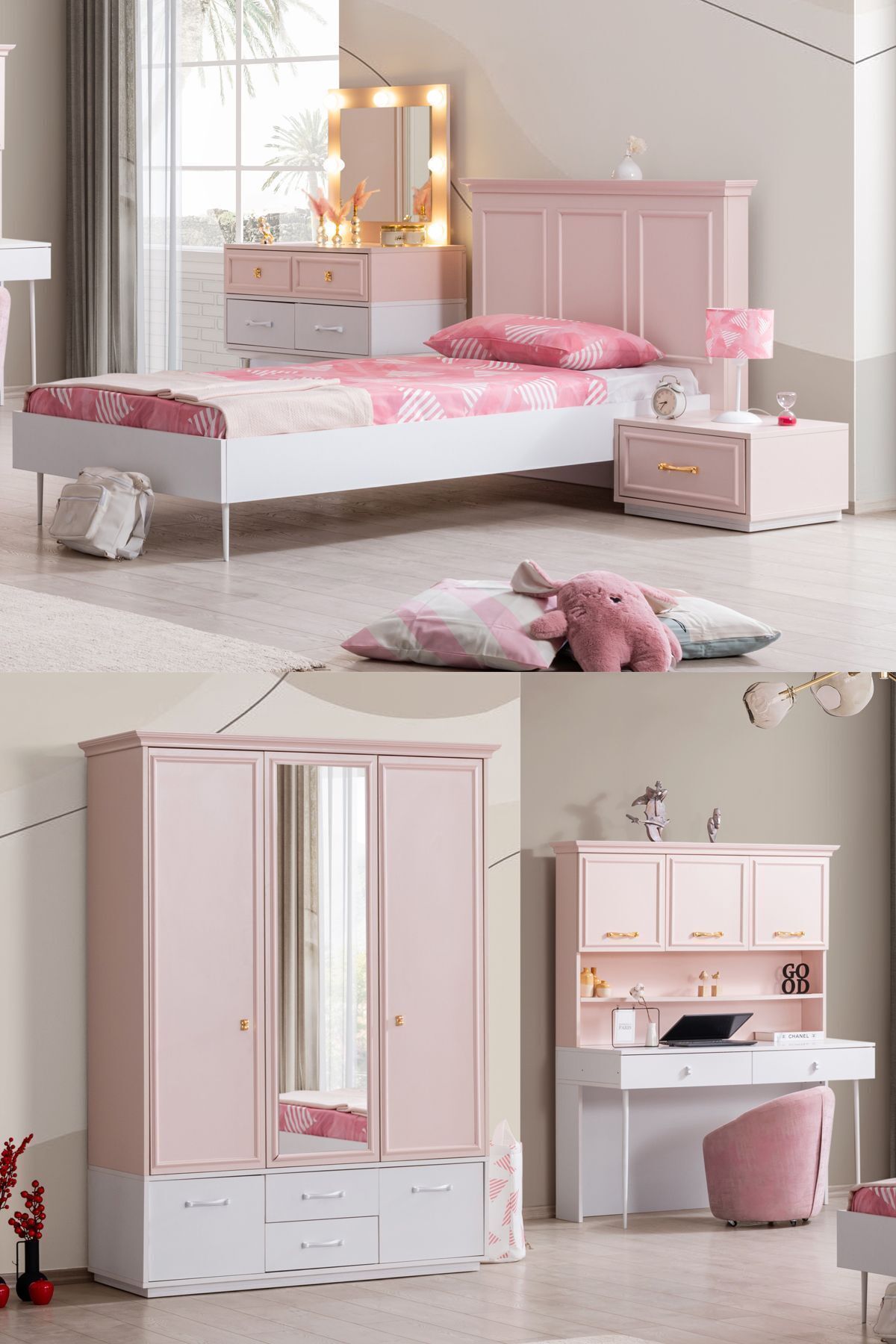 Chambre d'enfant Rosa - Armoire à 3 portes, Lit, Table de chevet, Bureau, Commode