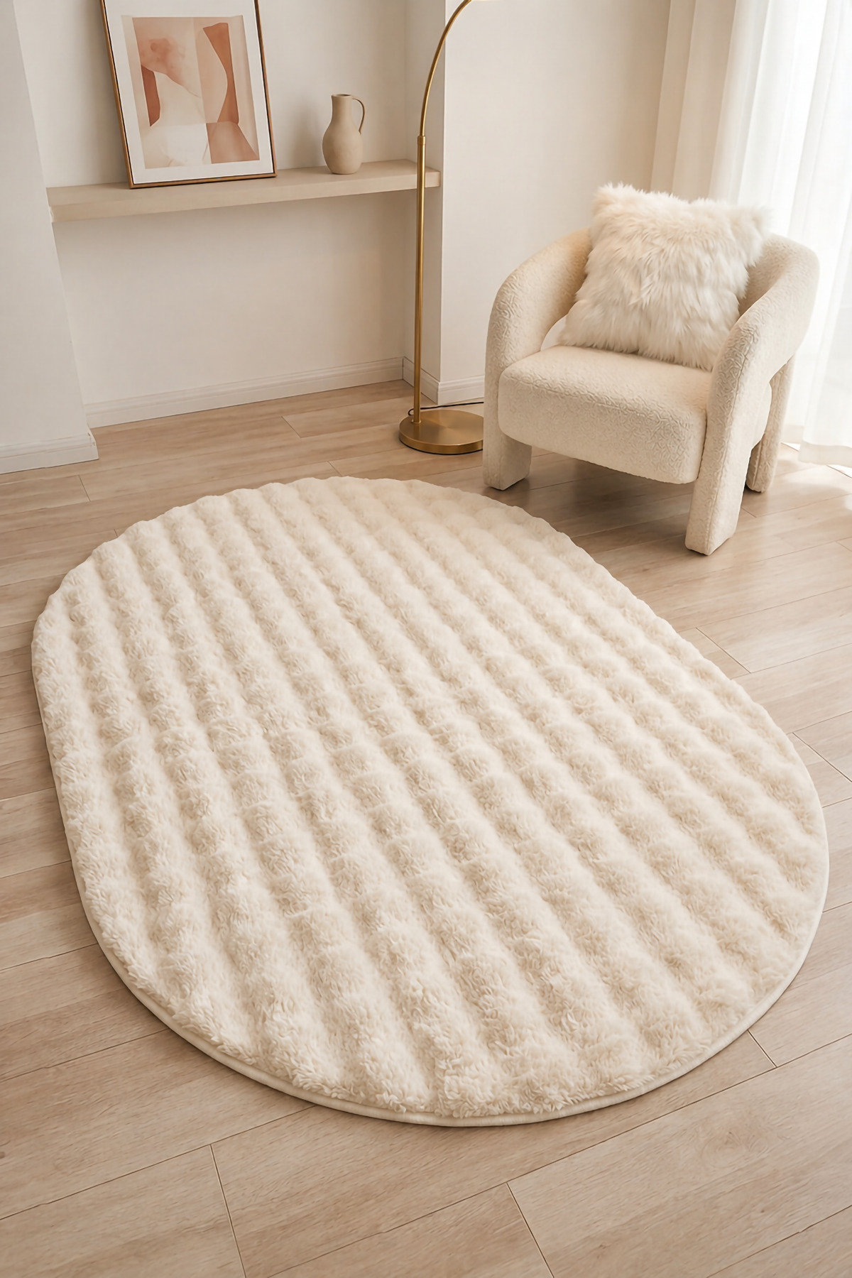 Tapis en peluche ovale crème avec dessous antidérapant, lavable, doux, pour salon et chambre