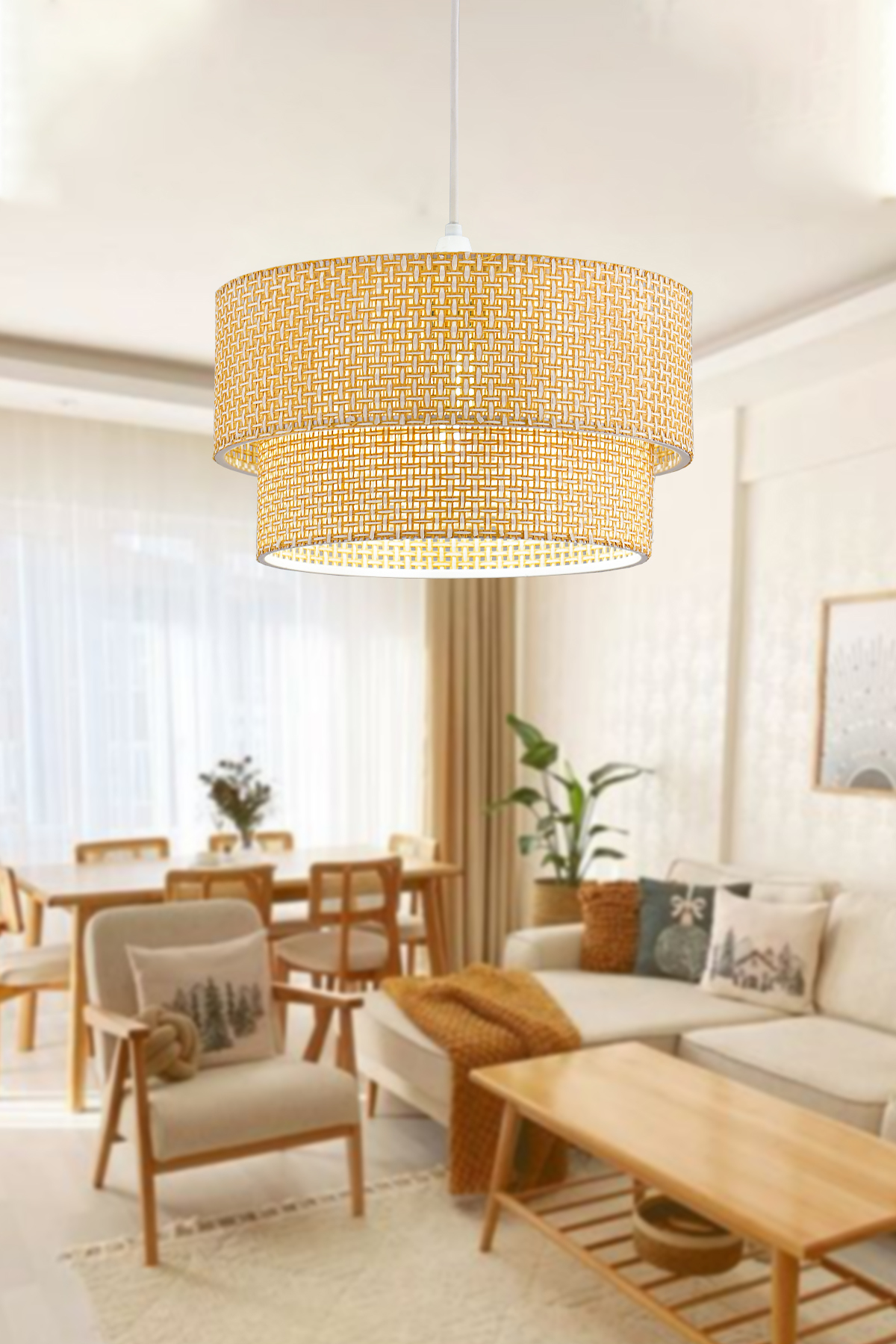 Suspension Moderne Naturelle Hazeran en Rotin à 2 Niveaux pour Salon, Cuisine, Chambre