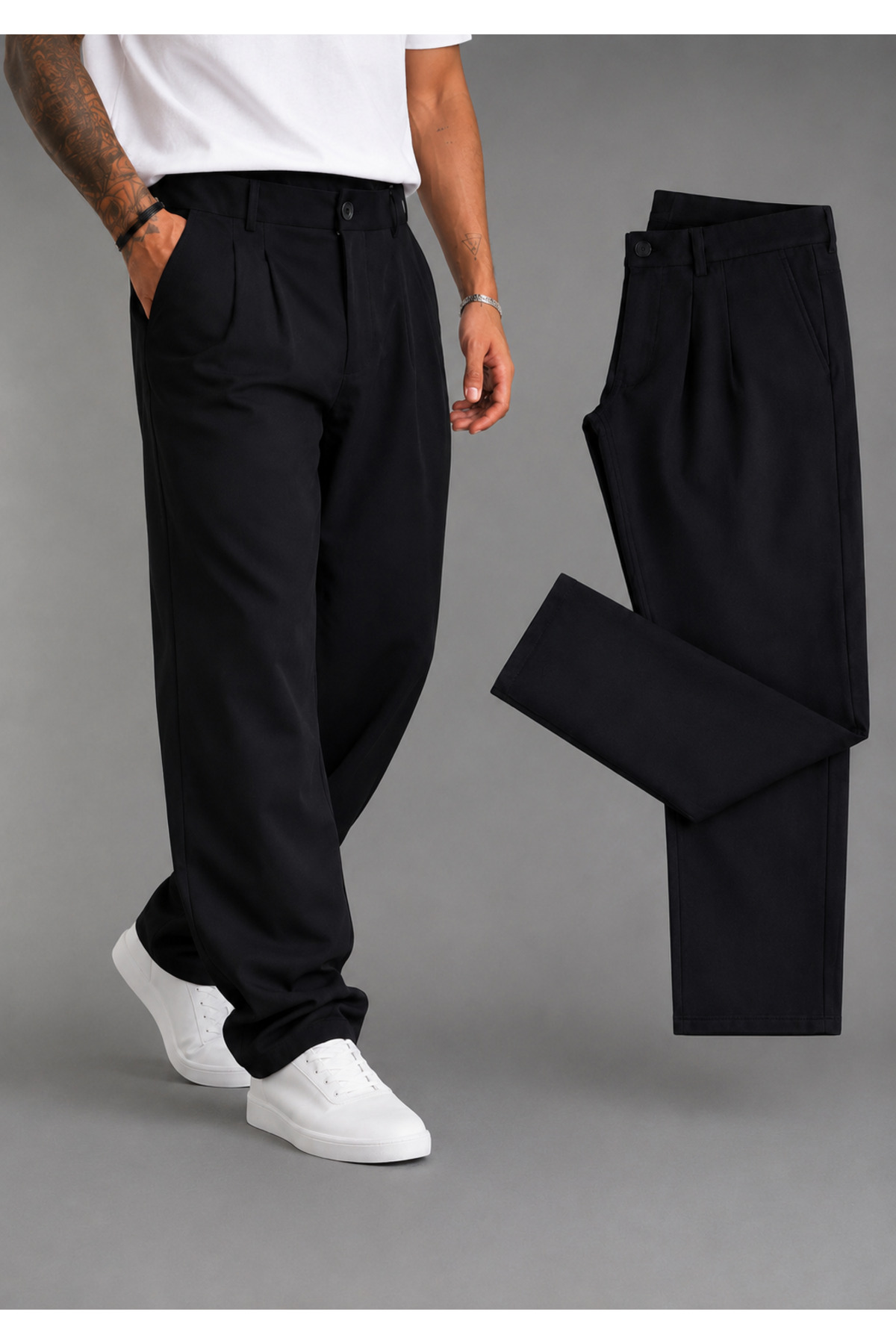 Pantalon large pour homme, coupe baggy, flexible et fluide, avec détails plissés