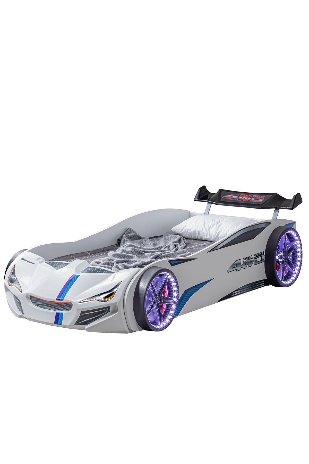 Lit voiture, Lit voiture Merso avec pare-vent et éclairage LED complet - Blanc