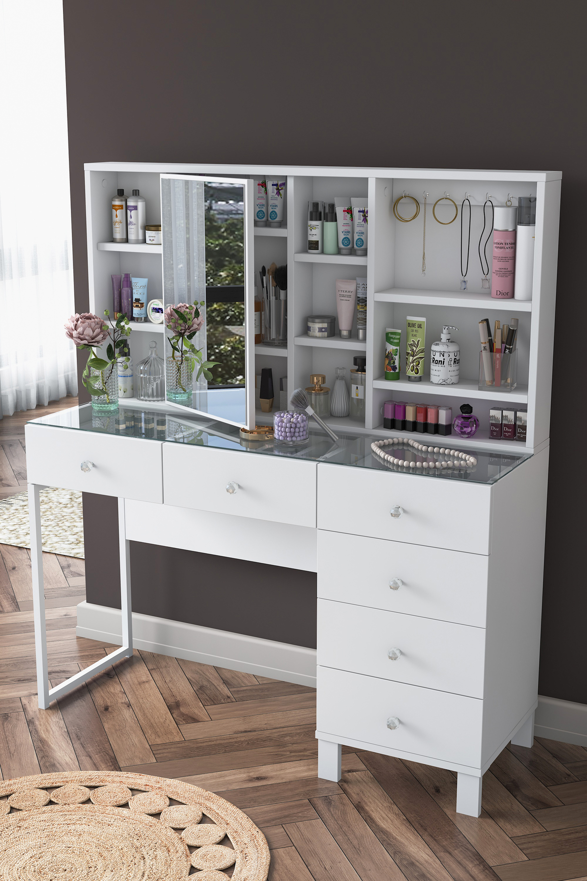 Coiffeuse avec tiroirs Rani à miroir et couvercle, organiseur de bijoux avec crochets, blanc