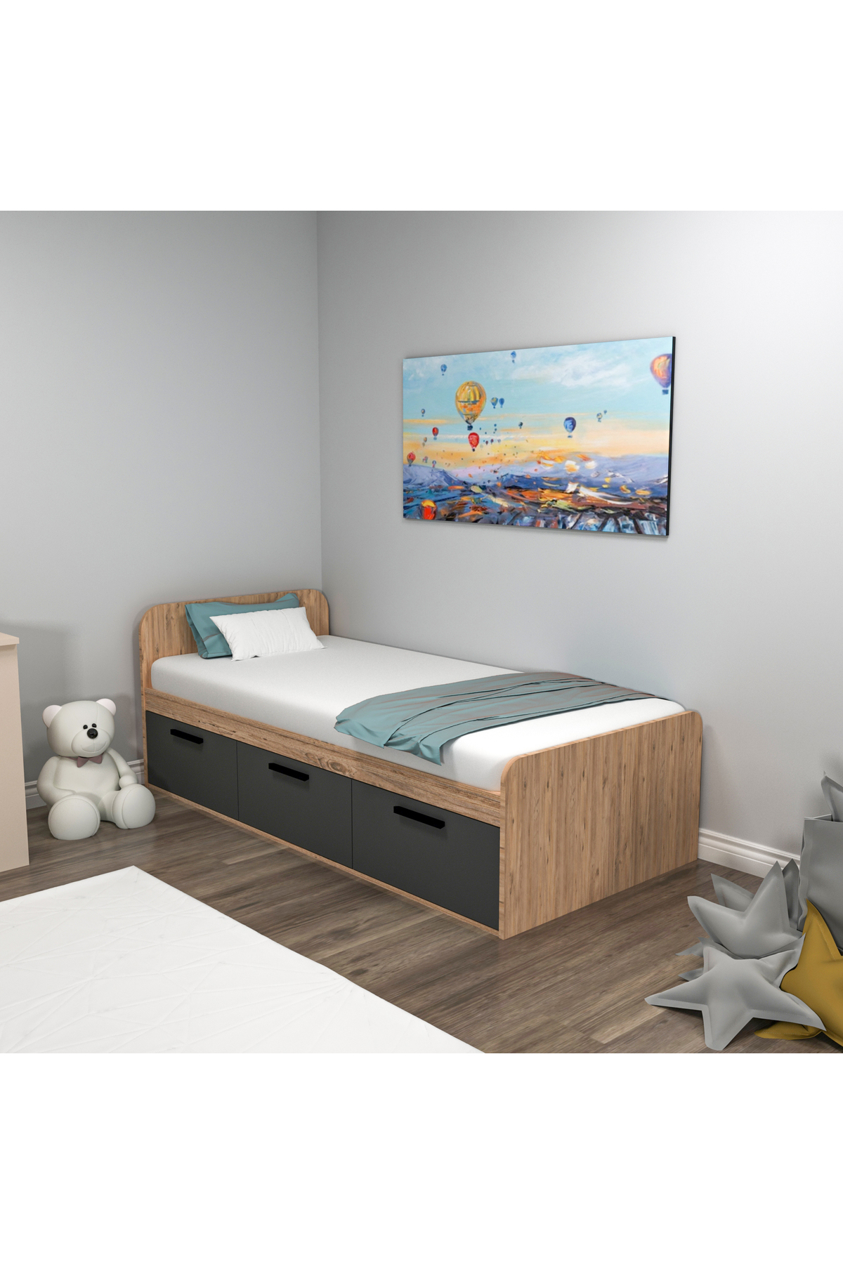 Lit Cadre Akser Atlantik Pin Anthracite – Compatible avec lit simple, Lit pour jeune avec armoire