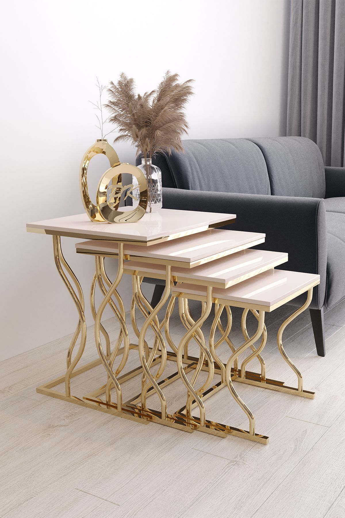 Ensemble de tables gigognes carrées 4 pièces Hayal, pieds dorés, MDF crème