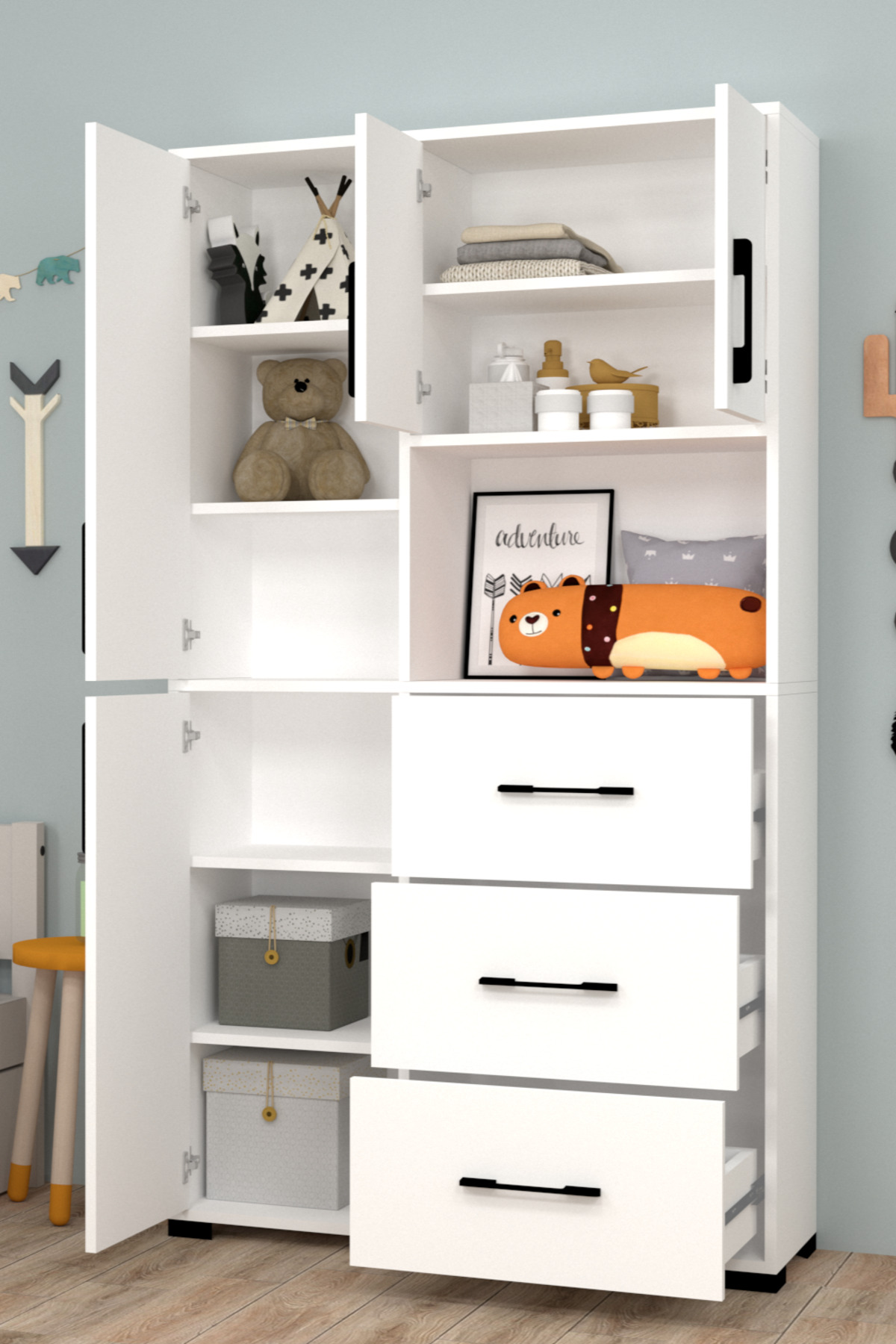 Armoire pour chambre d'enfant Berlin avec tiroirs et portes